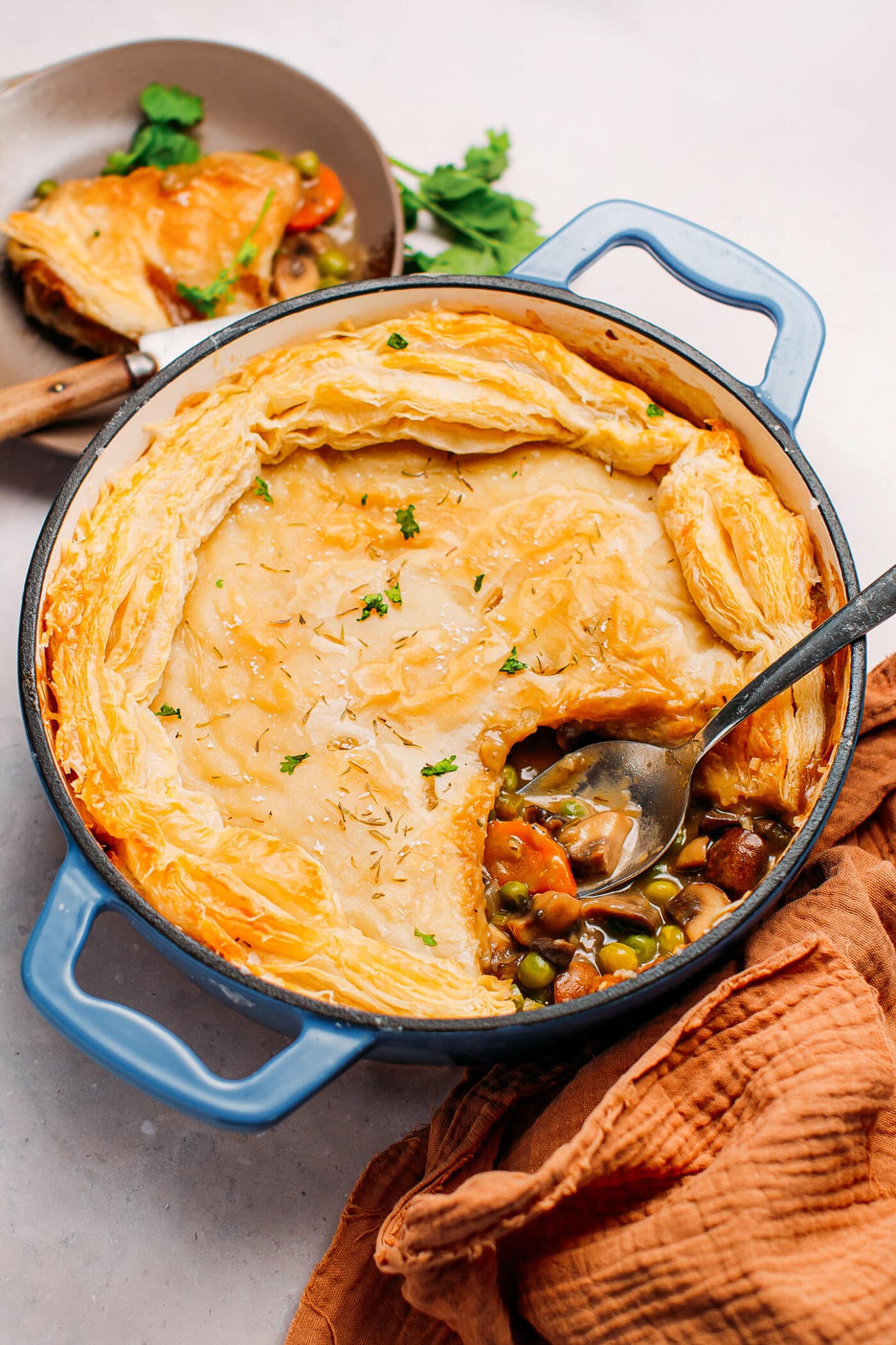 Mushroom pot pie topped with puff pastry.