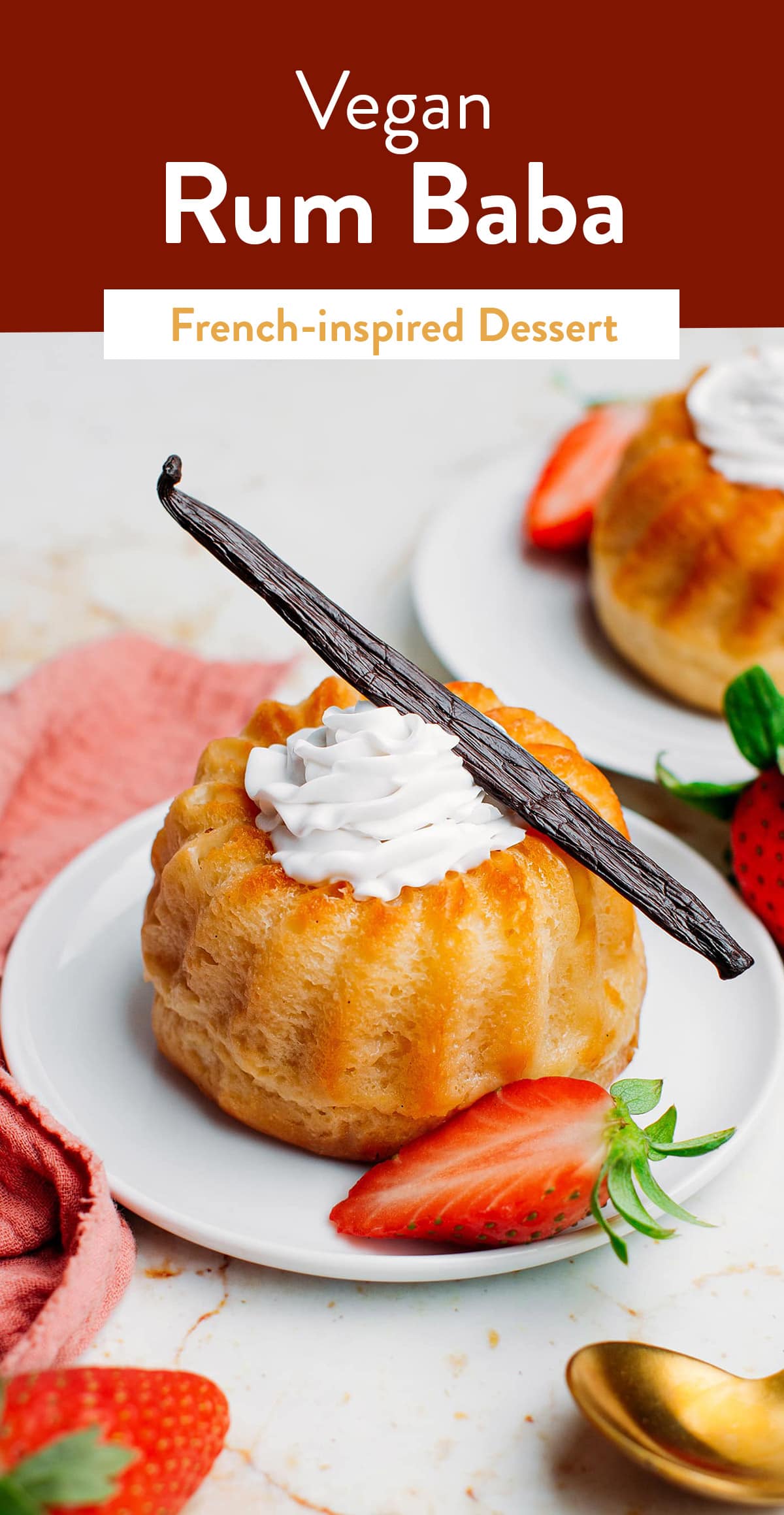 Introducing the best vegan rum baba! This French-inspired dessert features a soft yeast cake soaked in delicious syrup infused with rum, orange peel, and vanilla. The result is an incredibly moist and tender dessert that can be topped with whipped cream!