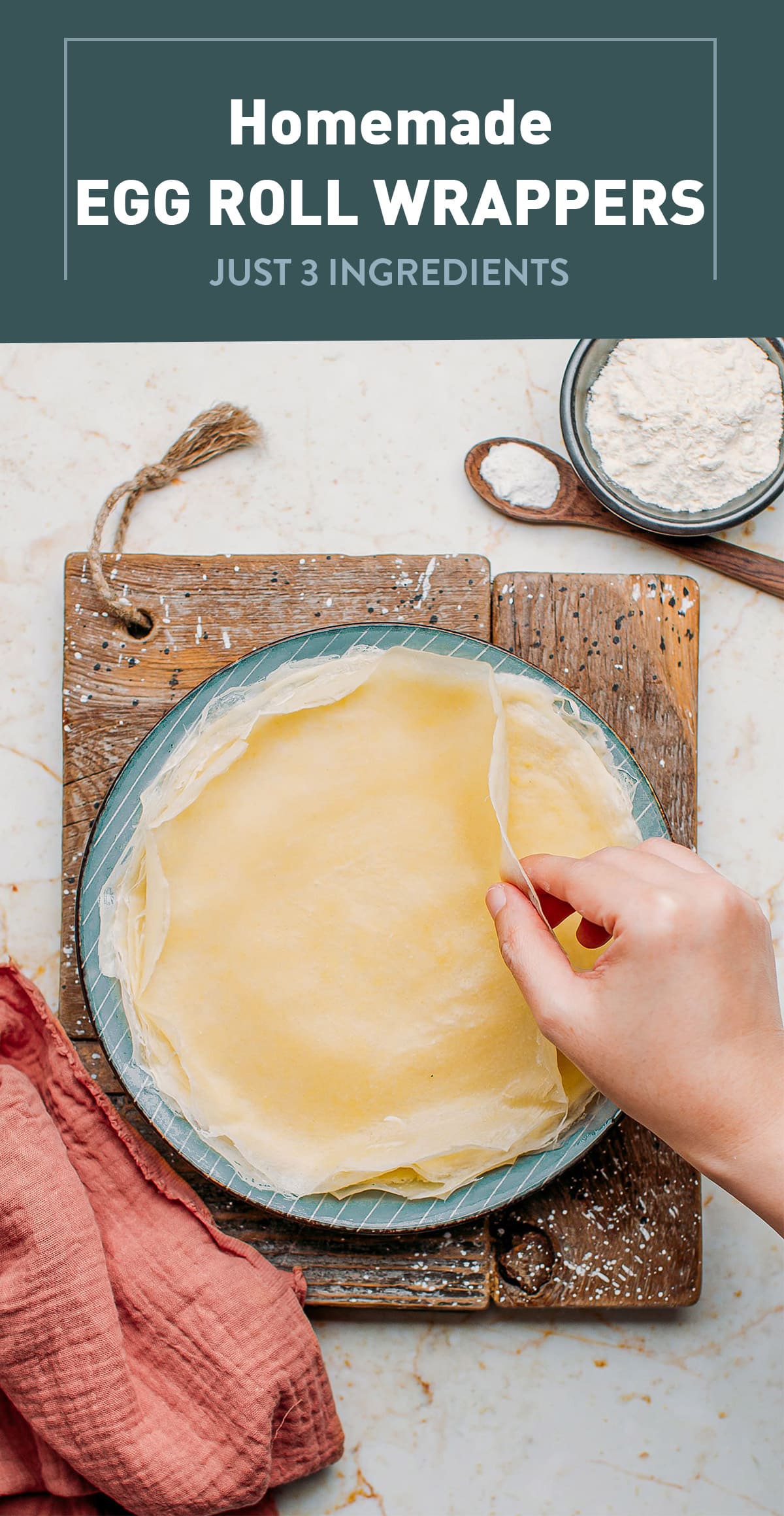 Learn how to make egg roll wrappers at home with just 3 ingredients! It's so easy to prepare that you won't buy them at the supermarket anymore. Use them to make egg rolls or samosas!