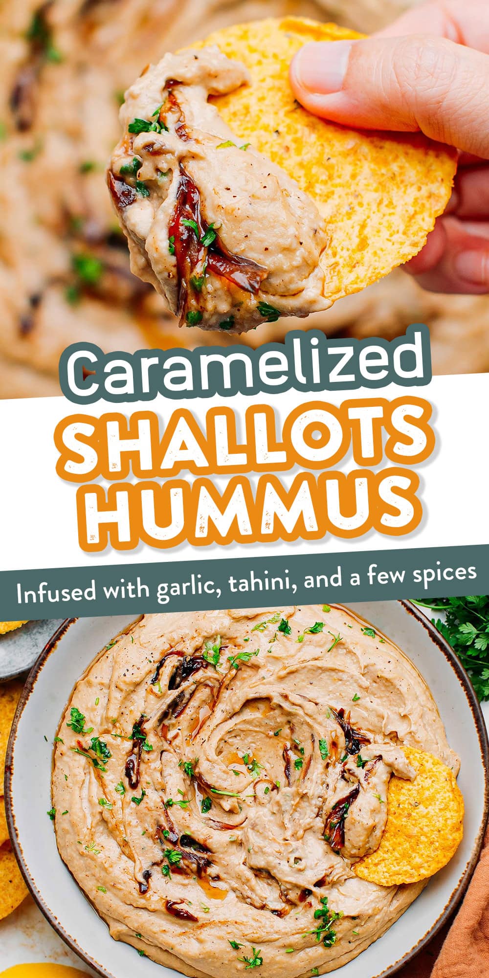 This hummus is loaded with caramelized shallots for complex flavors and a subtle sweetness! It's infused with garlic, lemon juice, tahini, and spices.