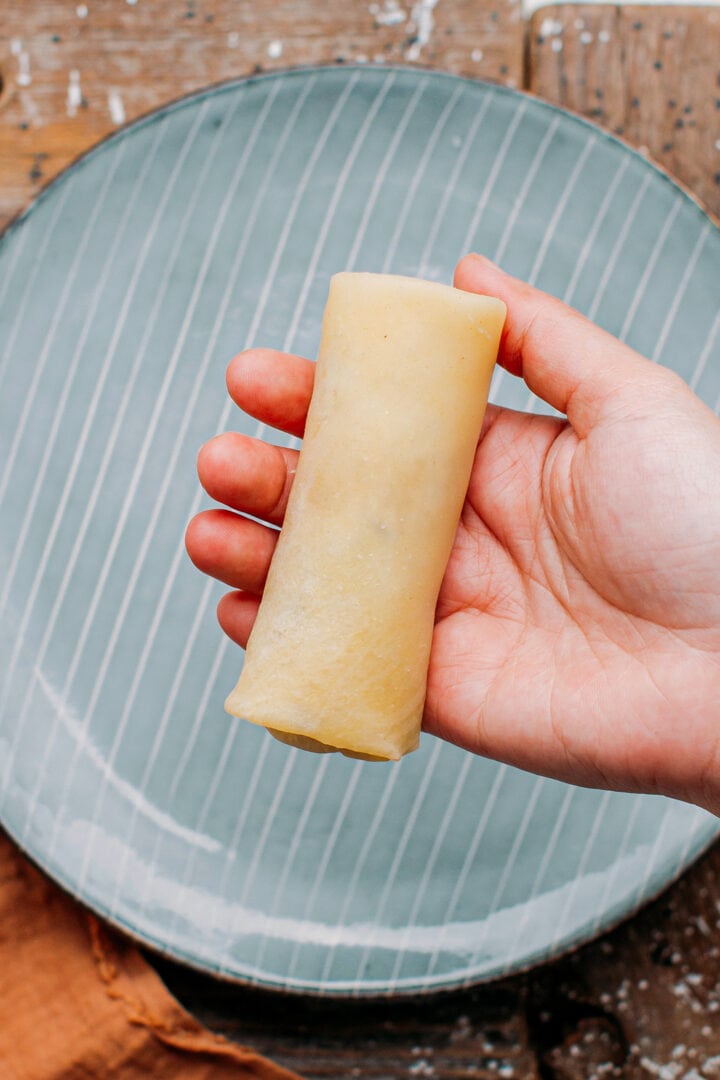 Close up of an uncooked egg roll.