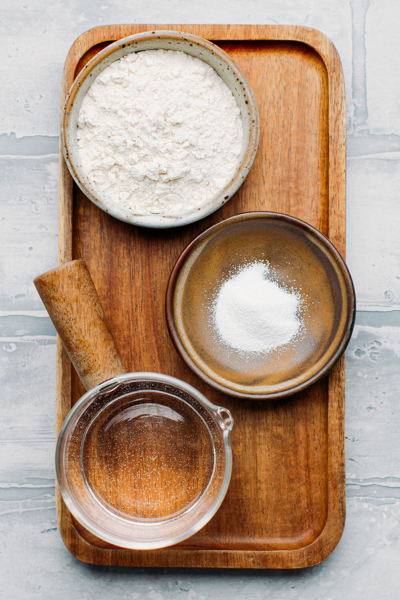 Ingredients like flour, water, and baking soda.