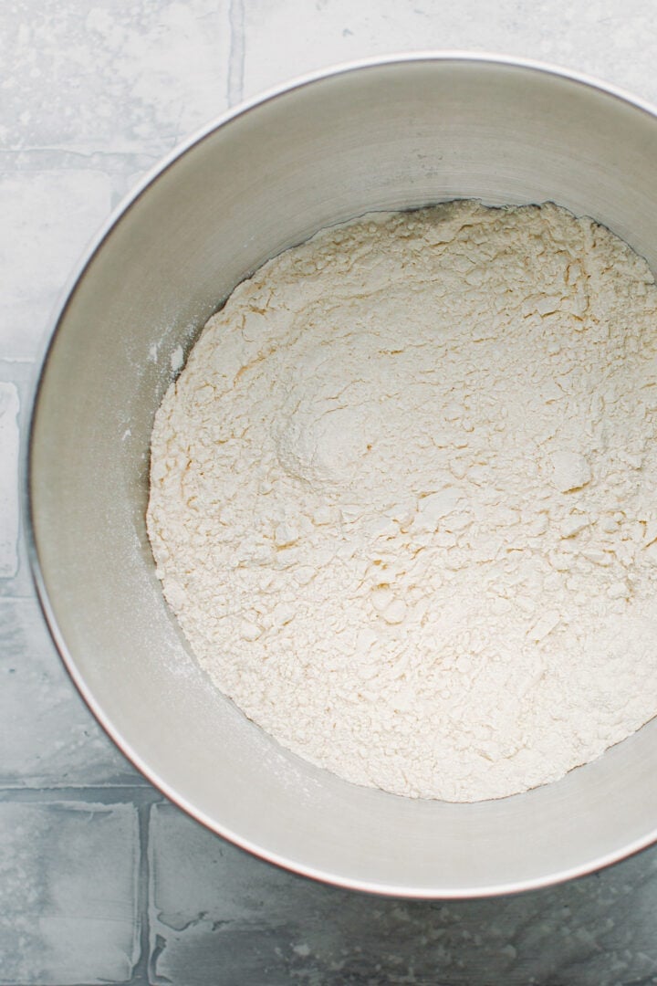Flour in a mixer bowl.