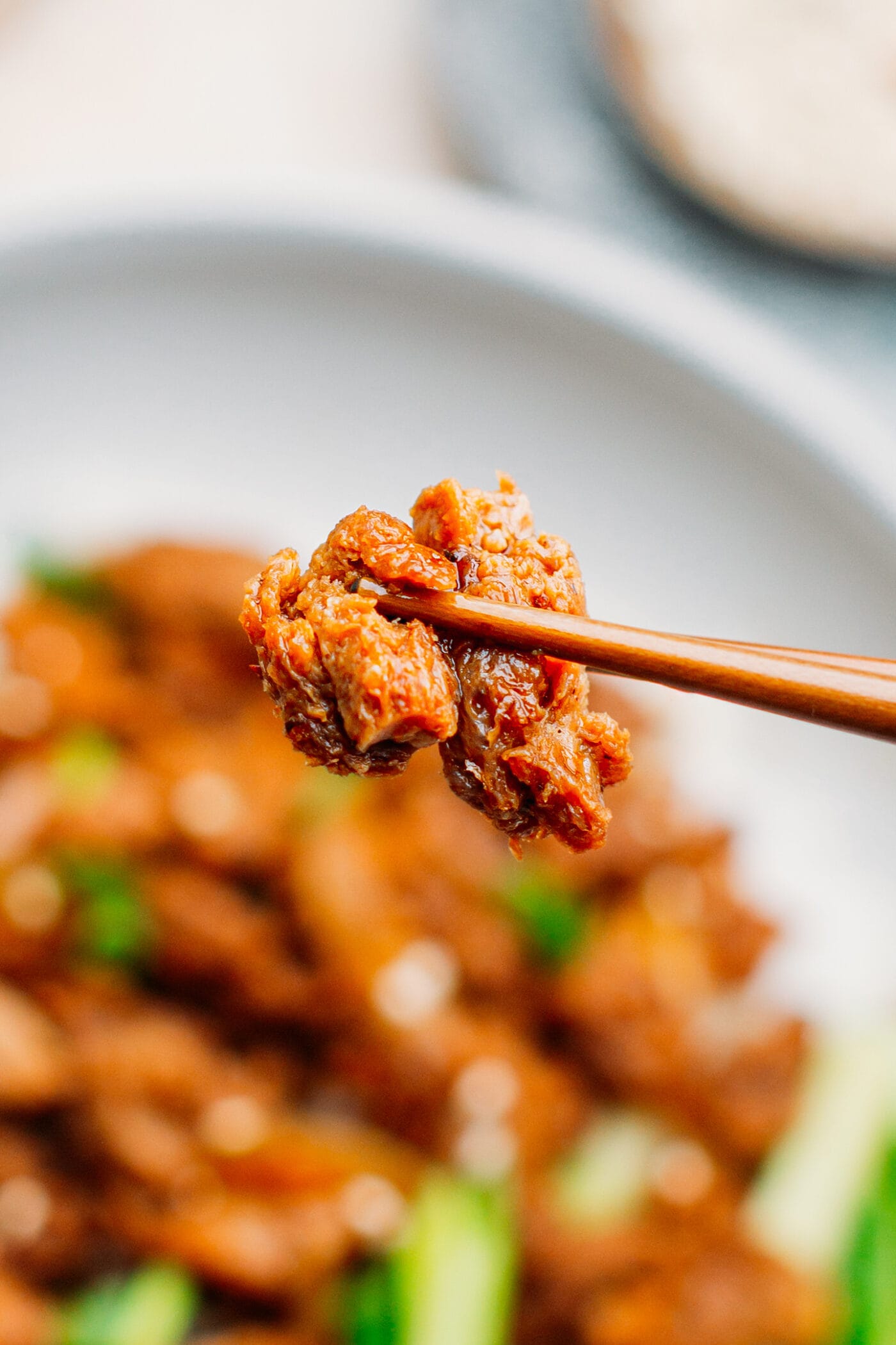 Close up of soy curl bulgogi.