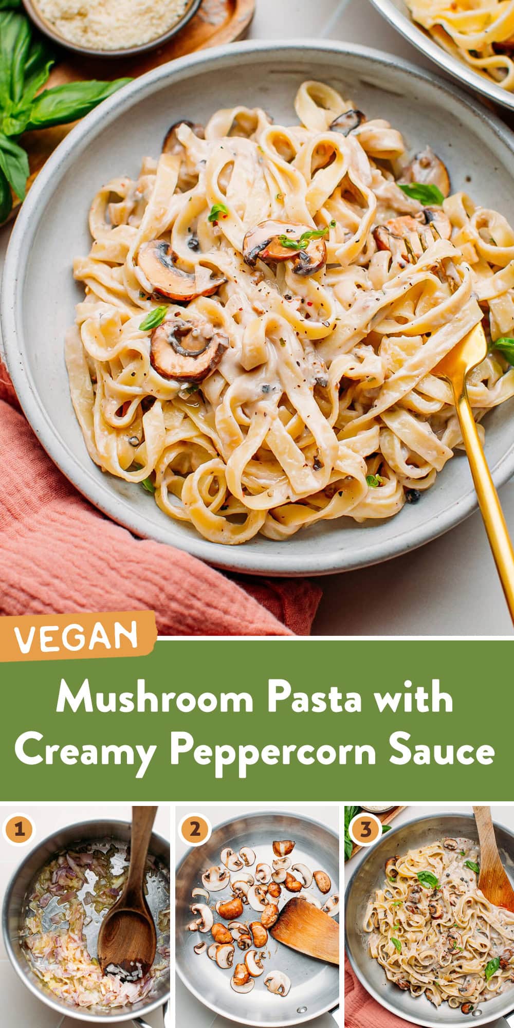 This fettuccine pasta is served in a rich and creamy peppercorn sauce with sautéed mushrooms and fresh basil. A delicious plant-based dinner that is easy to make and requires minimal ingredients!