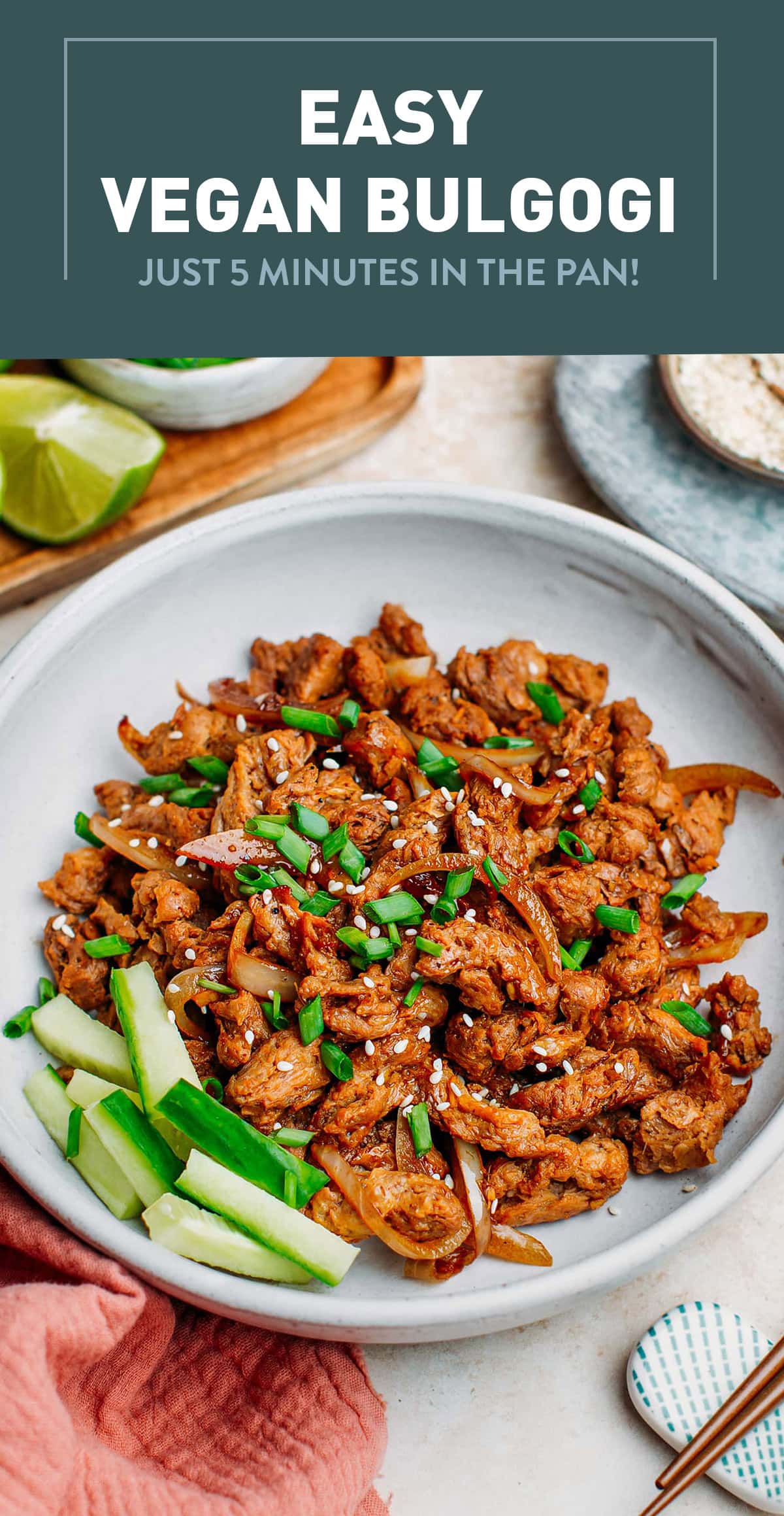 Korean BBQ beef made completely vegan! This recipe swaps the beef for soy curls that are marinated in the most aromatic marinade. Infused with garlic, ginger, black pepper, and toasted sesame oil, this meaty vegan bulgogi is delicious served with steamed rice! #vegan #bulgogi