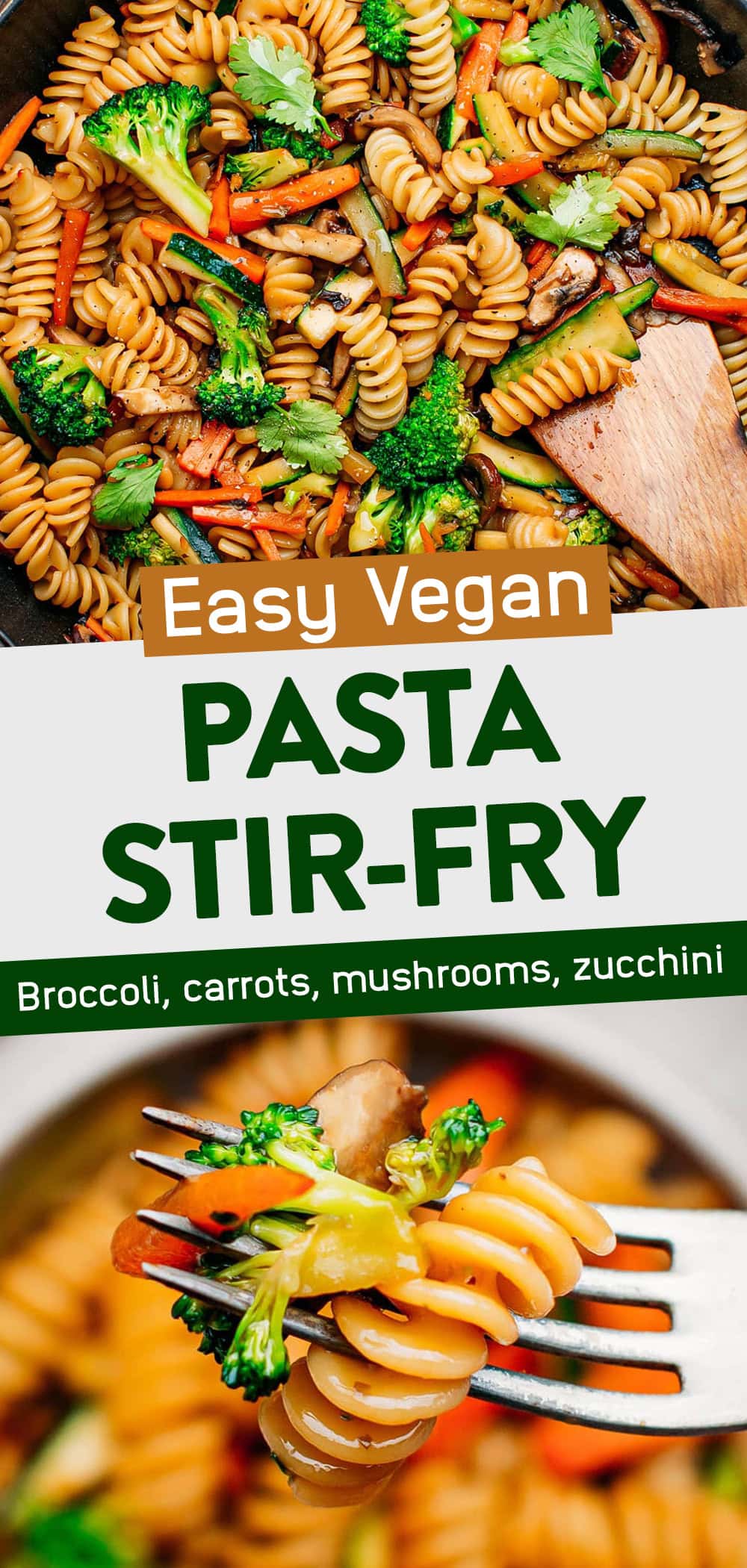 The ultimate last-minute weeknight dinner recipe! This colorful 20-minute pasta stir fry comes with plenty of sautéed vegetables like broccoli, carrots, and mushrooms. It is then tossed with a delicious sweet and salty black pepper sauce! #stirfry #vegan #plantbased