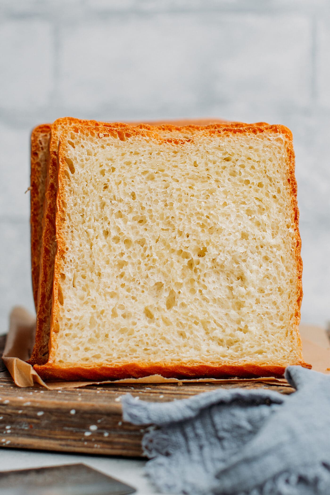 Close up of a slice of sandwich bread.