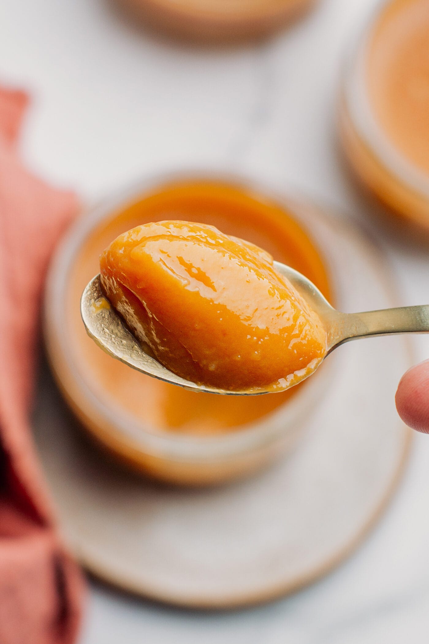 Close-up of a spoonful of caramel custard.
