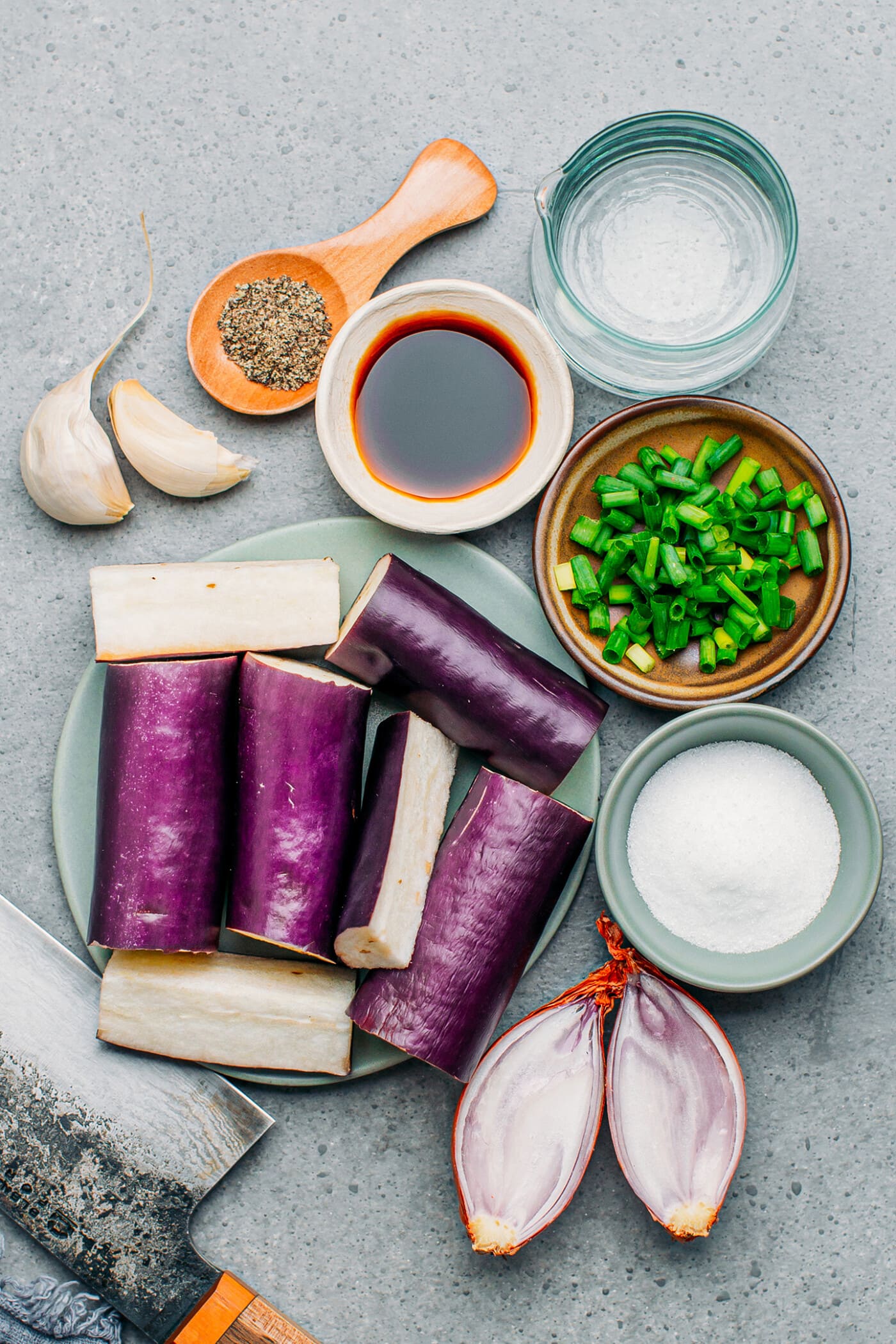 Ingredients like eggplants, garlic, shallots, sugar, and green onions.