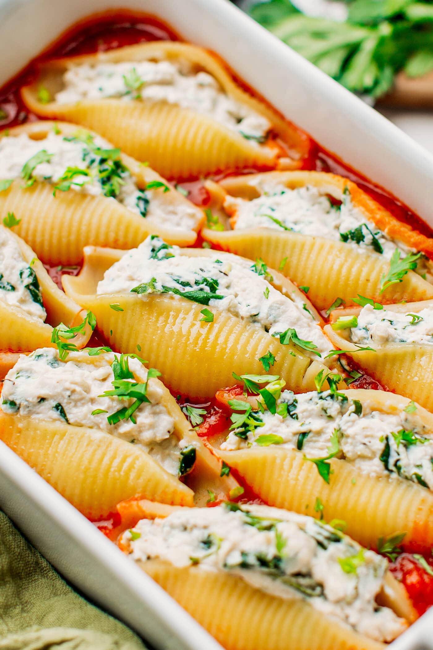 Close-up of vegan stuffed shells.