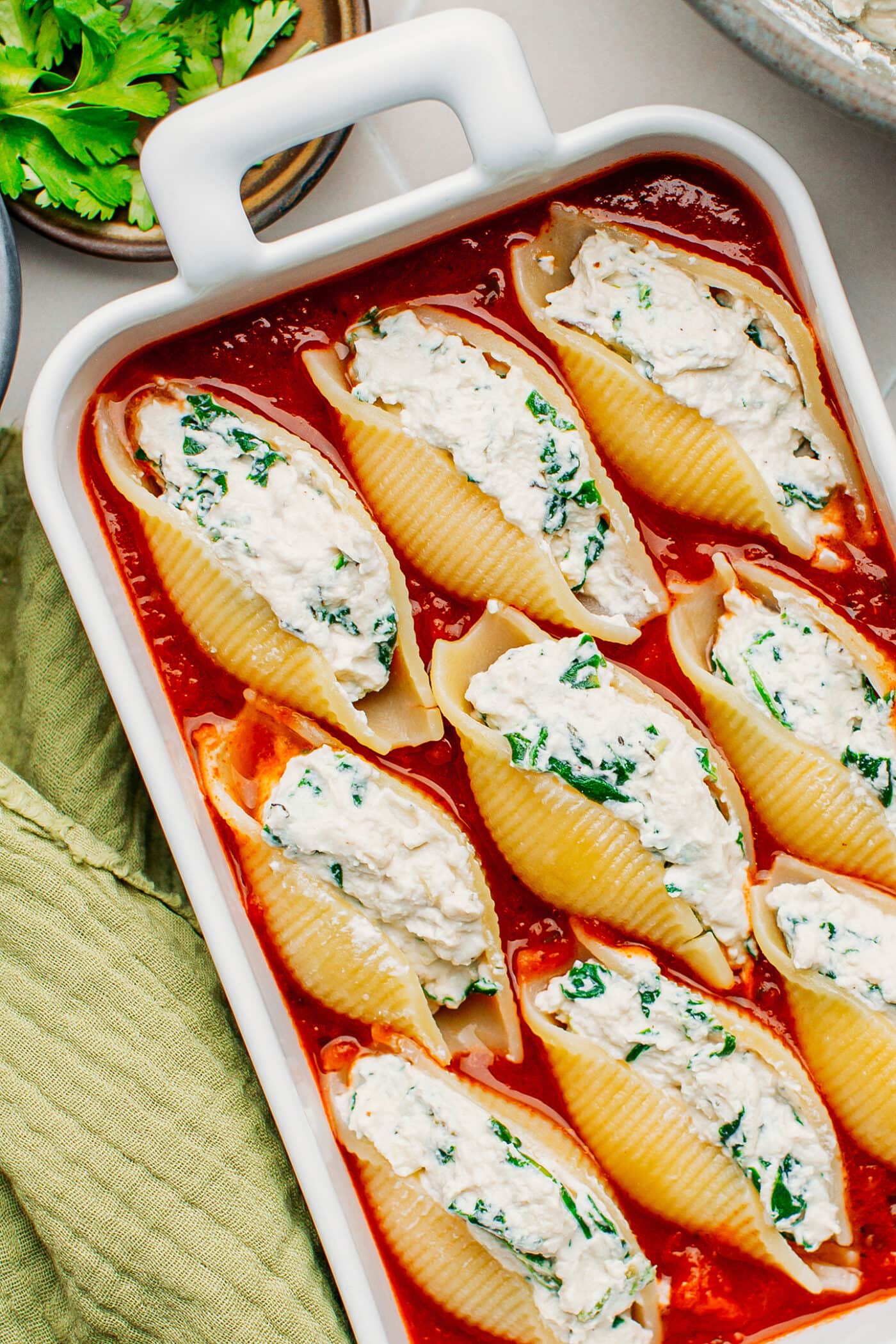 Pasta shells filled with ricotta and spinach.