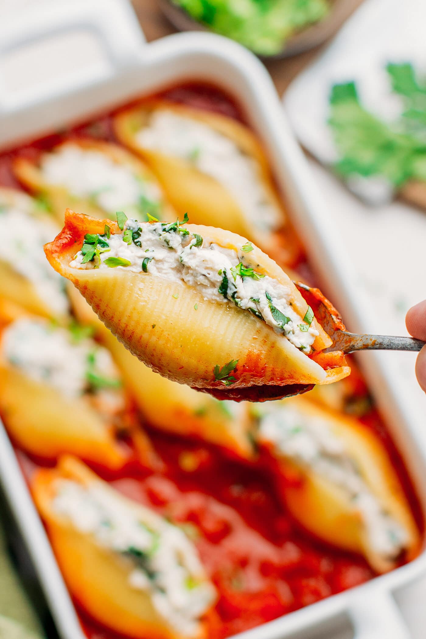 Close-up of a jumbo shell filled with ricotta.
