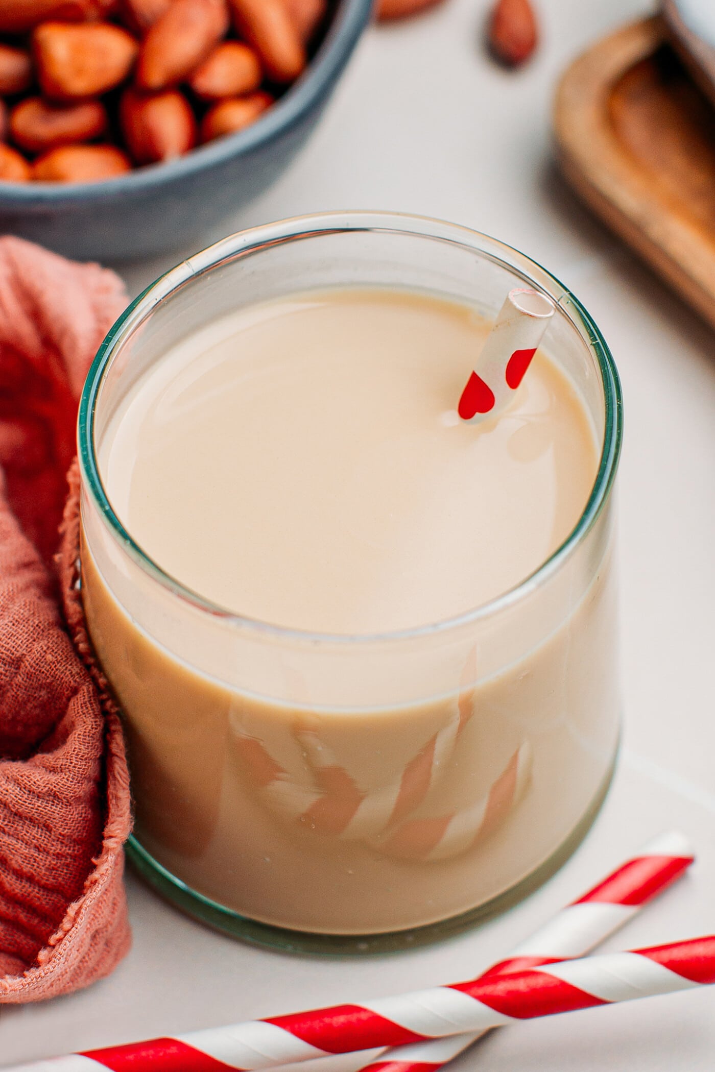 Close-up of homemade peanut milk in a glass.