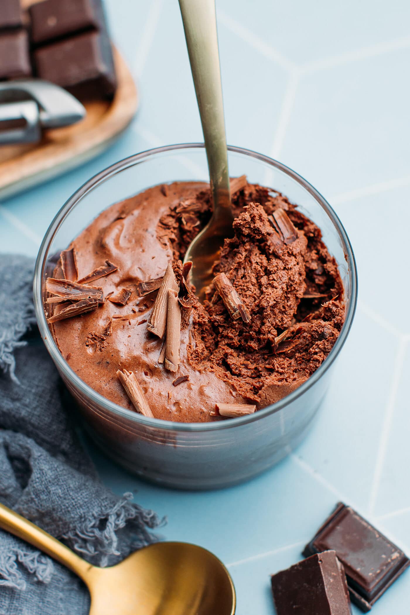 Vegan chocolate mousse in a small ramekin.