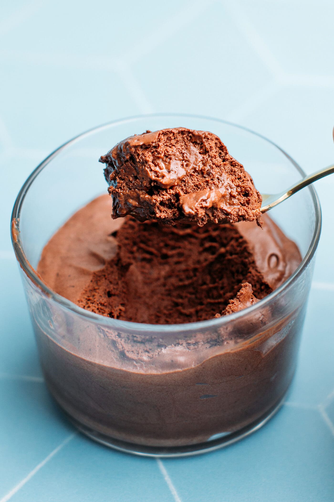 Spoonful of airy chocolate mousse.