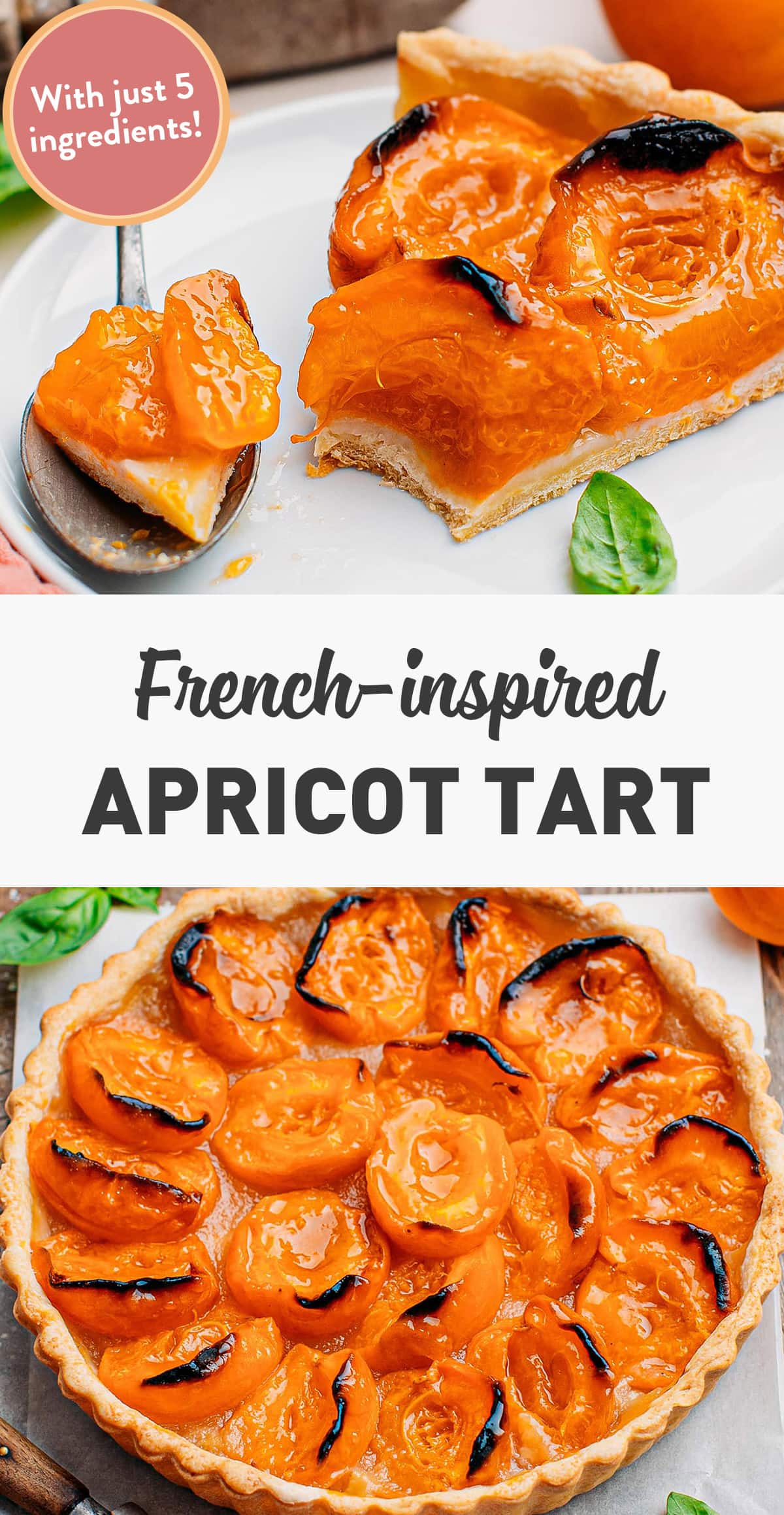This French-inspired apricot tart will delight your tastebuds! It packs soft and juicy fresh apricots that are slightly charred on top of a crunchy pie crust. Finished with apricot jam, this vegan apricot tart is simple yet impressive! #apricottart #tart