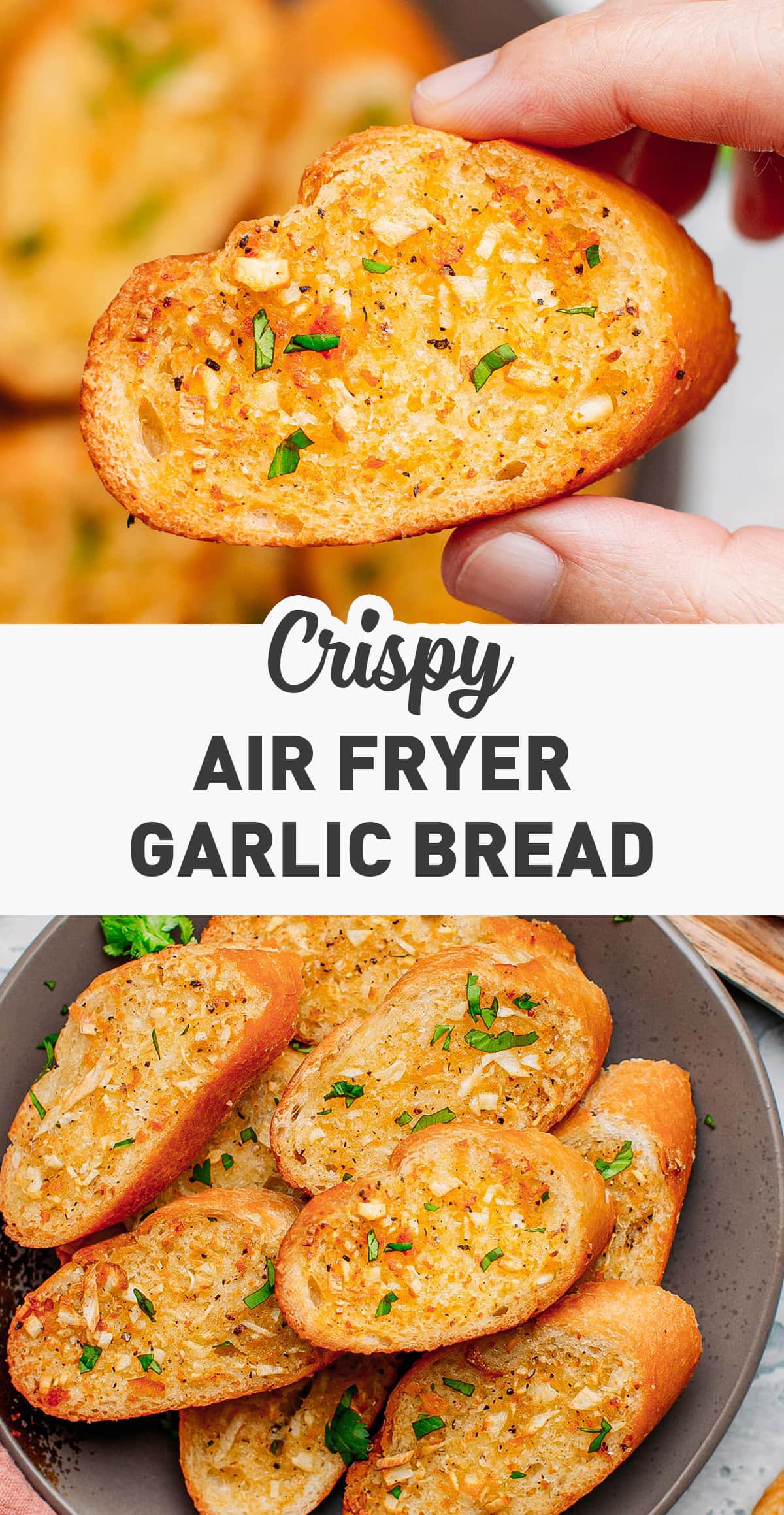 This air-fryer garlic bread is toasted to perfection and infused with plenty of garlic flavor! Crispy on the outside while still tender on the inside, this garlic bread is delicious served with pasta or soups!