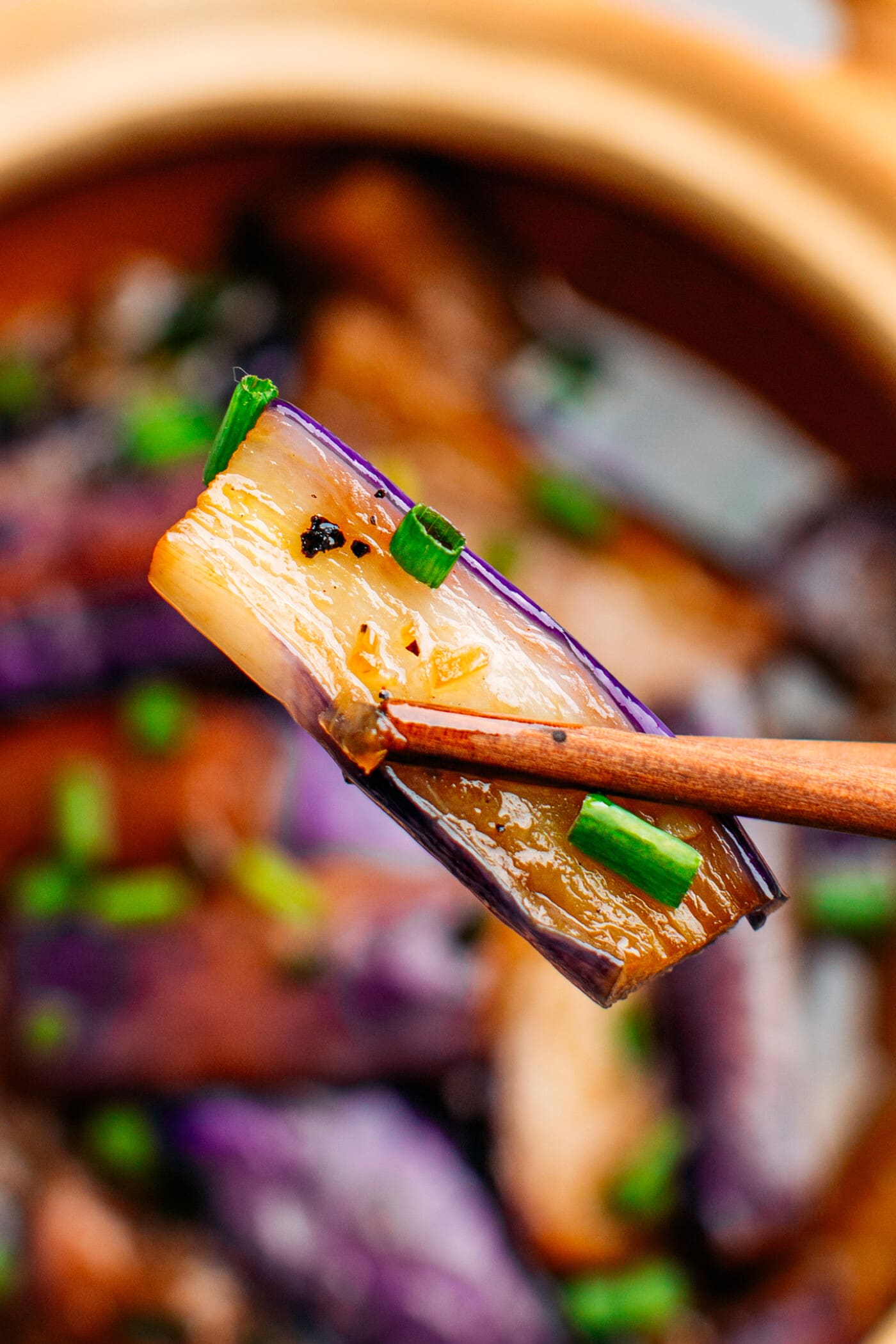 Close-up of a slice of Chinese eggplant.
