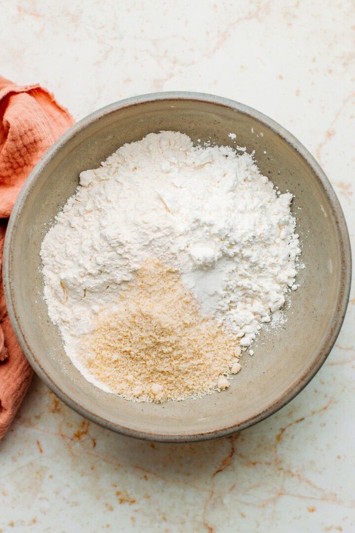 Flour, almond flour, and cornstarch in a bowl.
