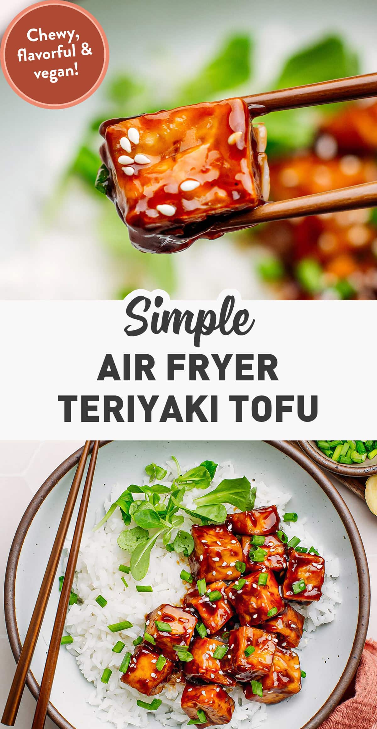This simple air fryer teriyaki tofu is chewy, flavorful, and coated with a sticky, sweet, and salty Japanese-inspired teriyaki sauce. Infused with plenty of ginger, garlic, and green onions, you will never want to order takeout again! #tofu #airfryer