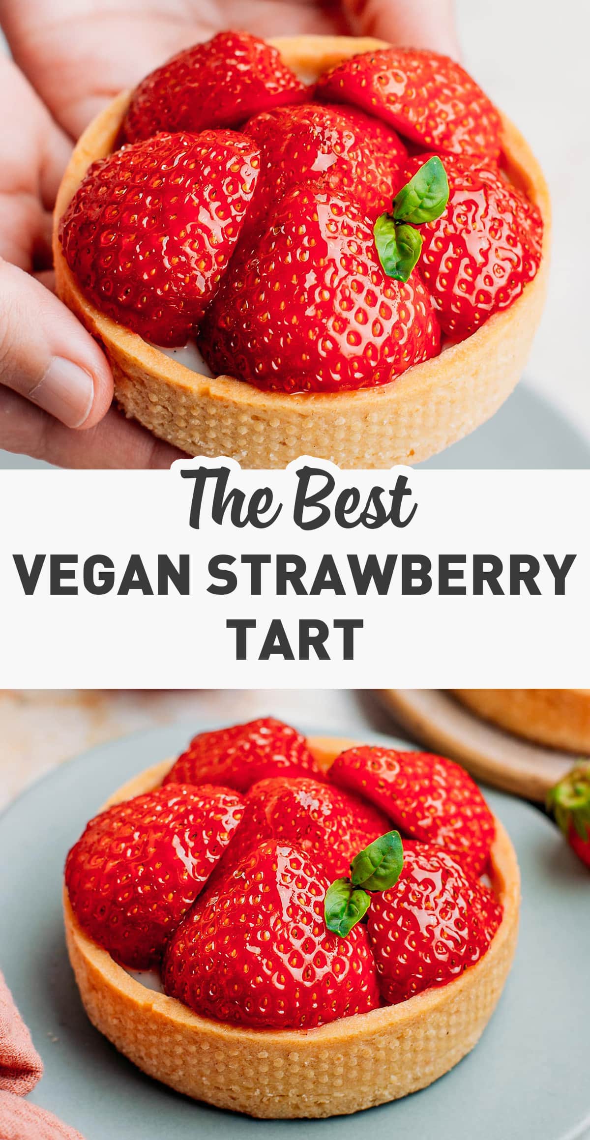 This adorable vegan strawberry tart makes use of the abundance of fresh strawberries! Made with a buttery shortcrust pastry, fresh vanilla pastry cream, and sliced strawberries, this tart is finished with a shiny glaze. A fresh, juicy, and delicate summer dessert! #vegandessert #strawberries