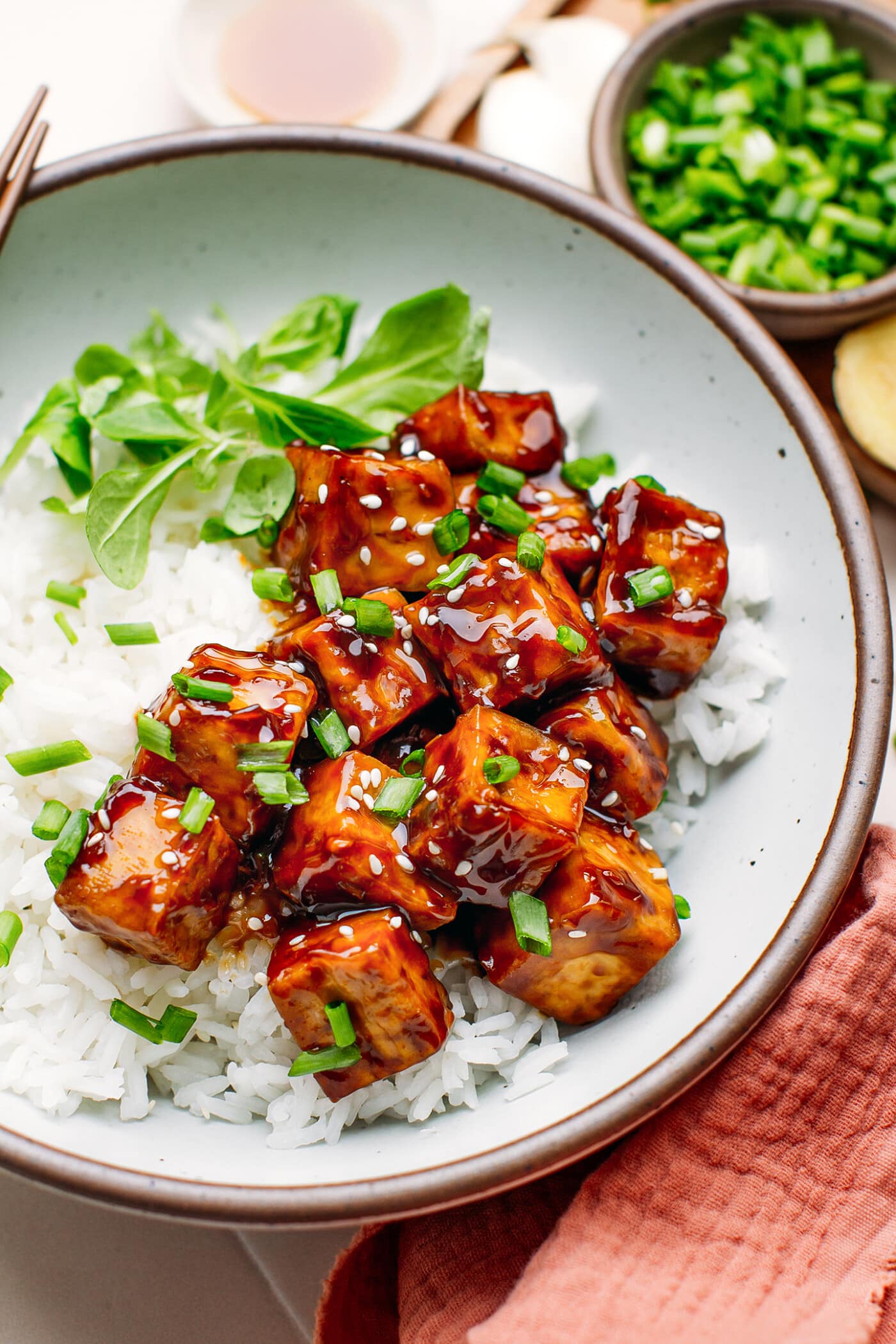 Close-up of teriyaki tofu topped with sesame seeds and green onions.