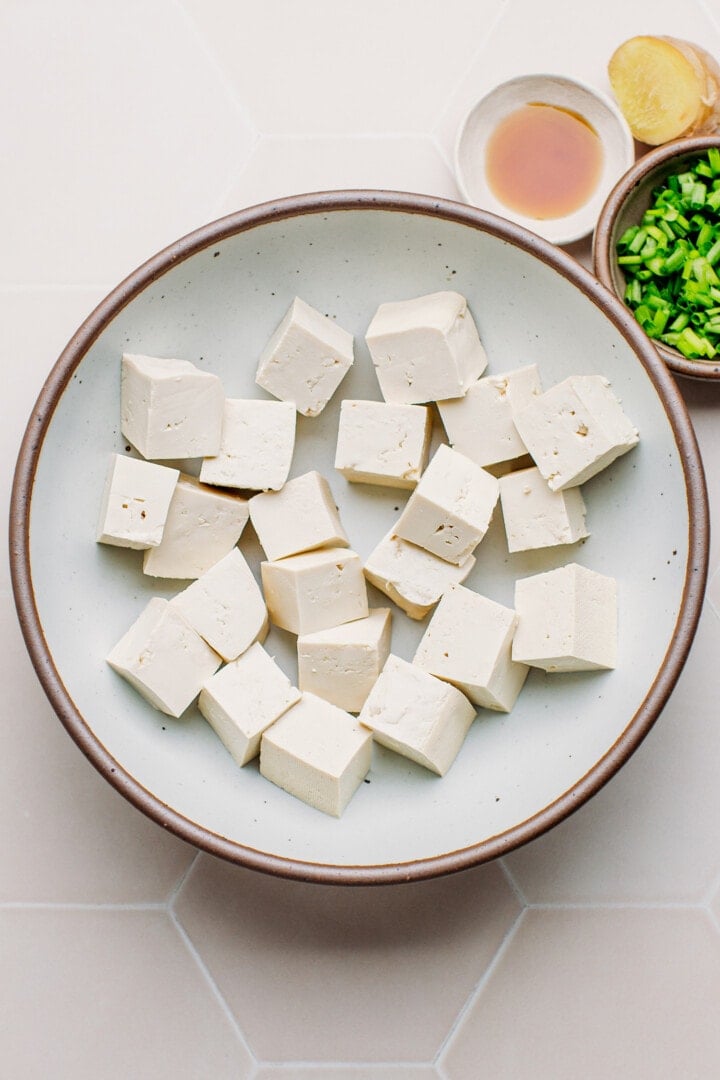 Tofu cubes in a bowl.