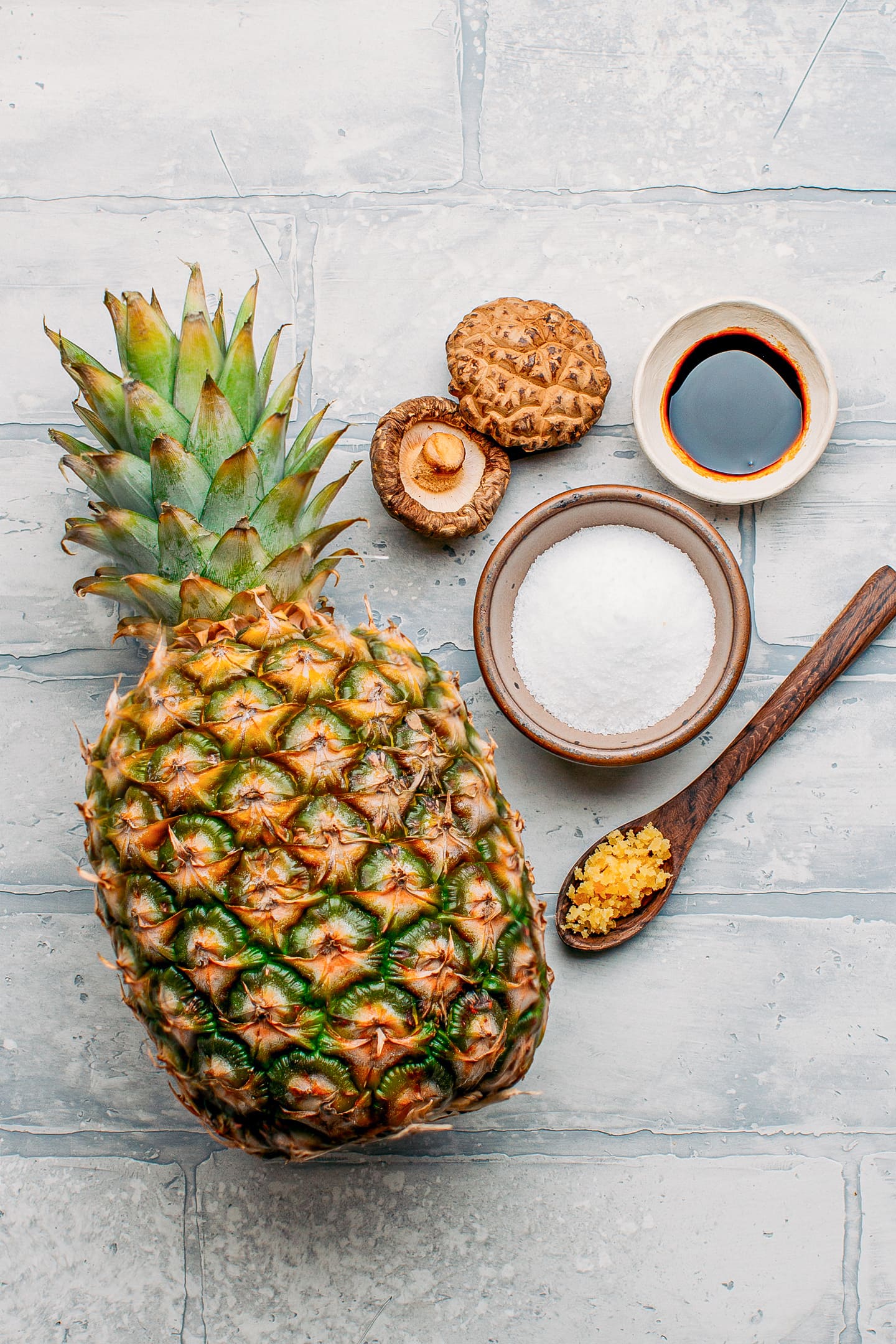 Ingredients like pineapple, salt, sugar, and shiitake.