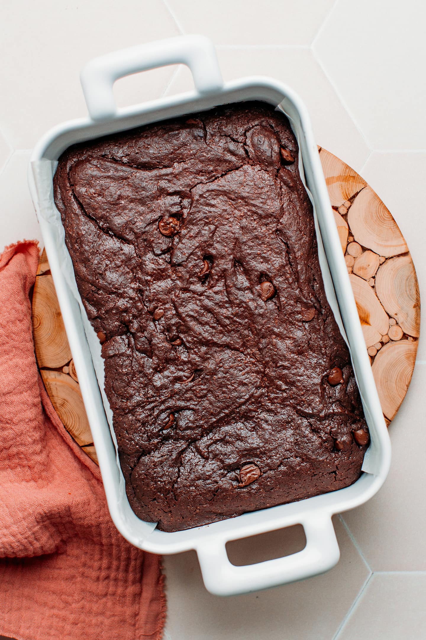 Baked brownies in a pan.