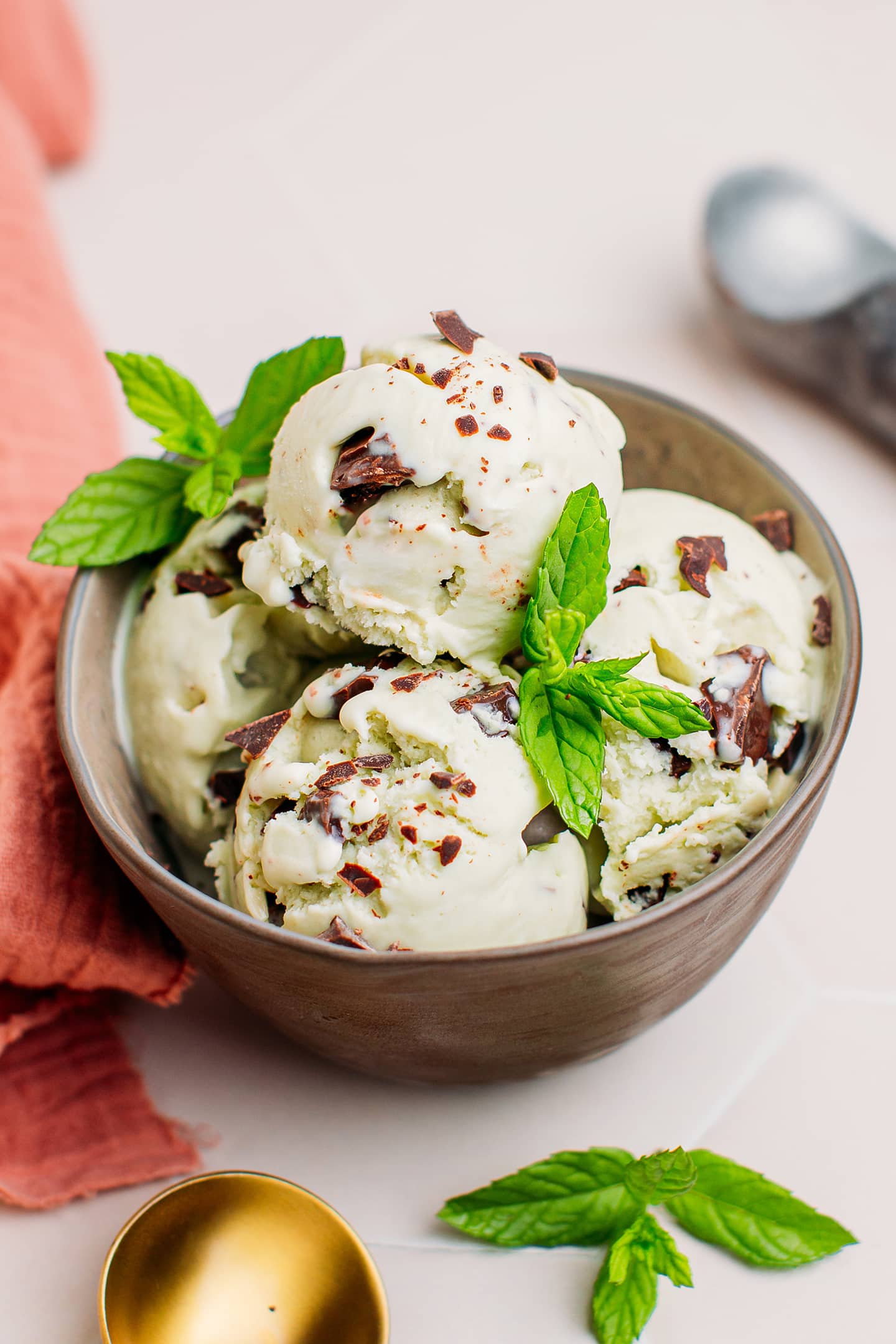 Scoops of mint chocolate chip ice cream in a bowl.