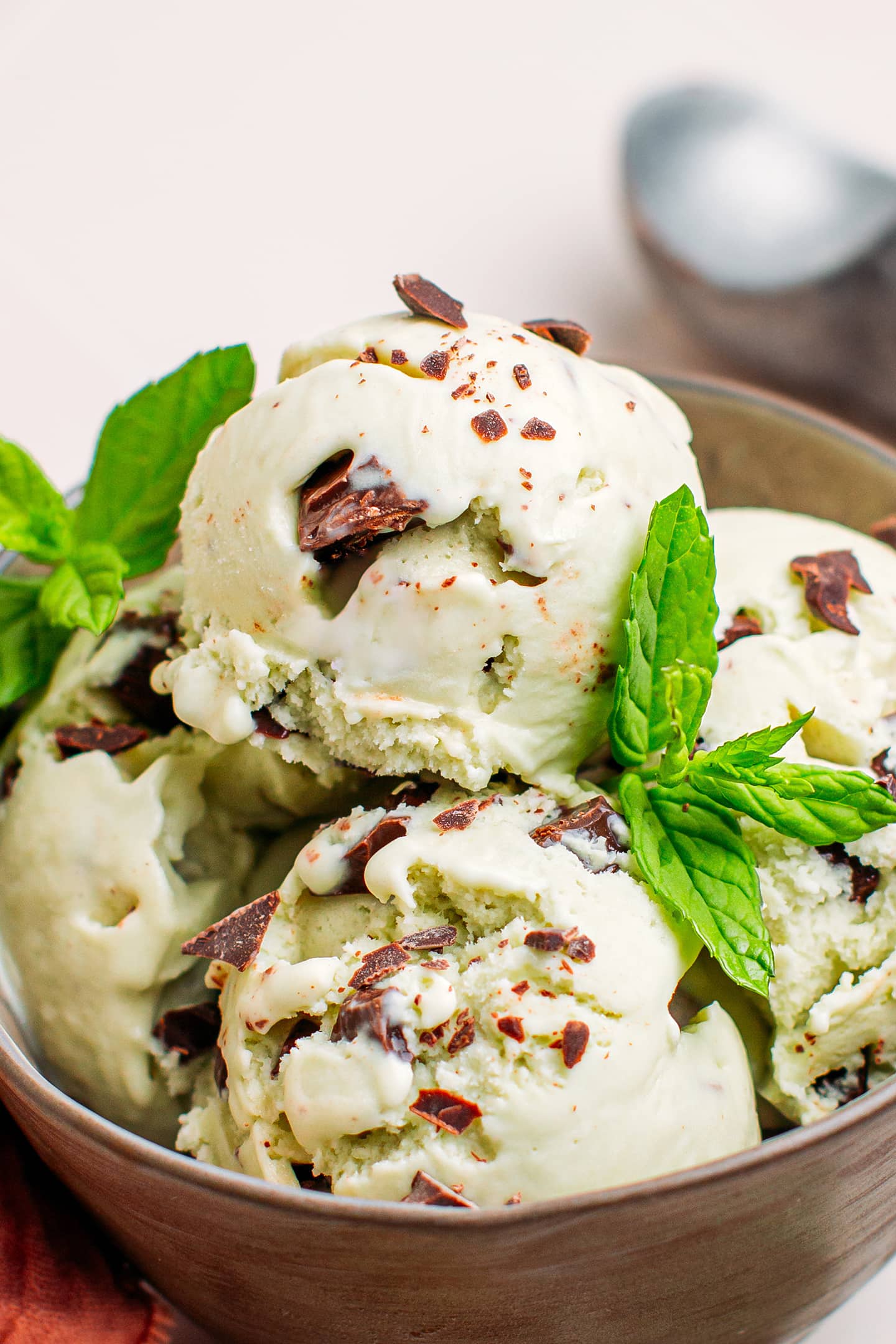 Close-up of vegan mint chocolate chip ice cream.