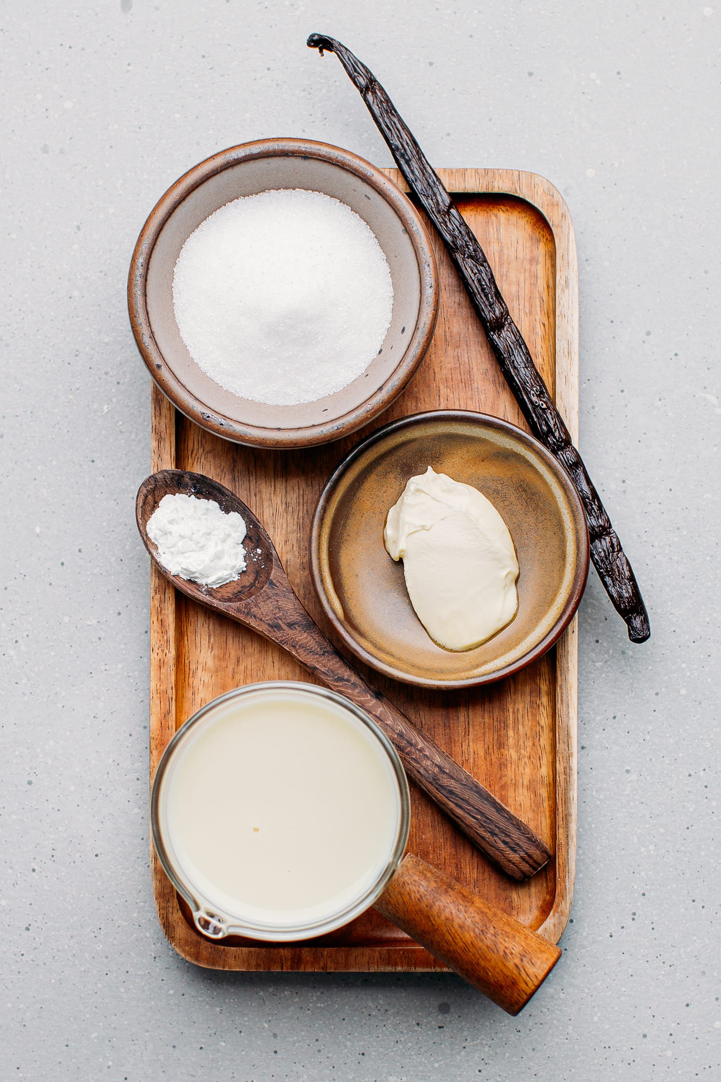 Ingredients like almond milk, sugar, butter, cornstarch, and vanilla.