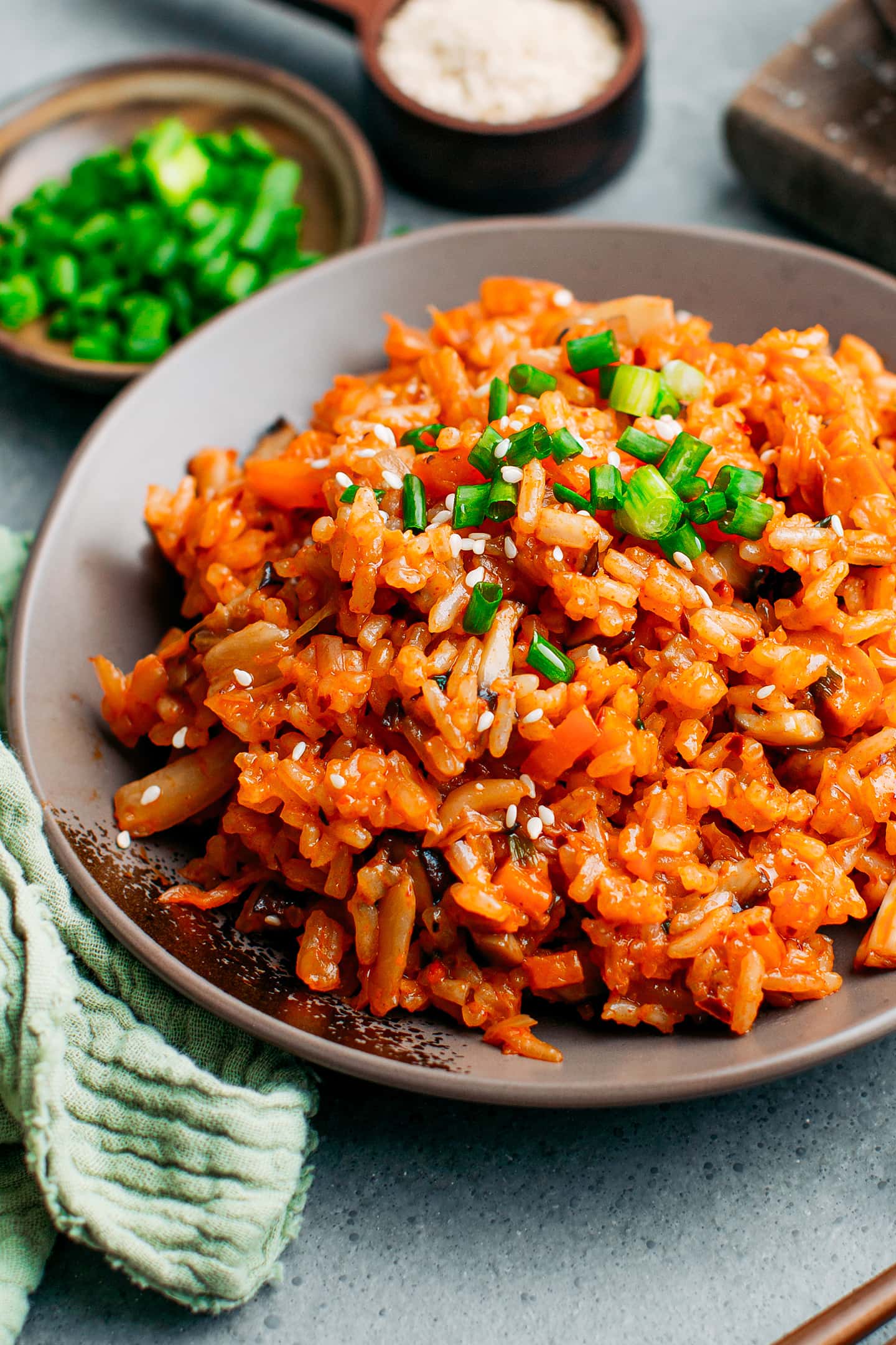 Close-up of kimchi fried rice in a plate.