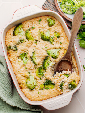 Broccoli rice casserole in a baking dish.