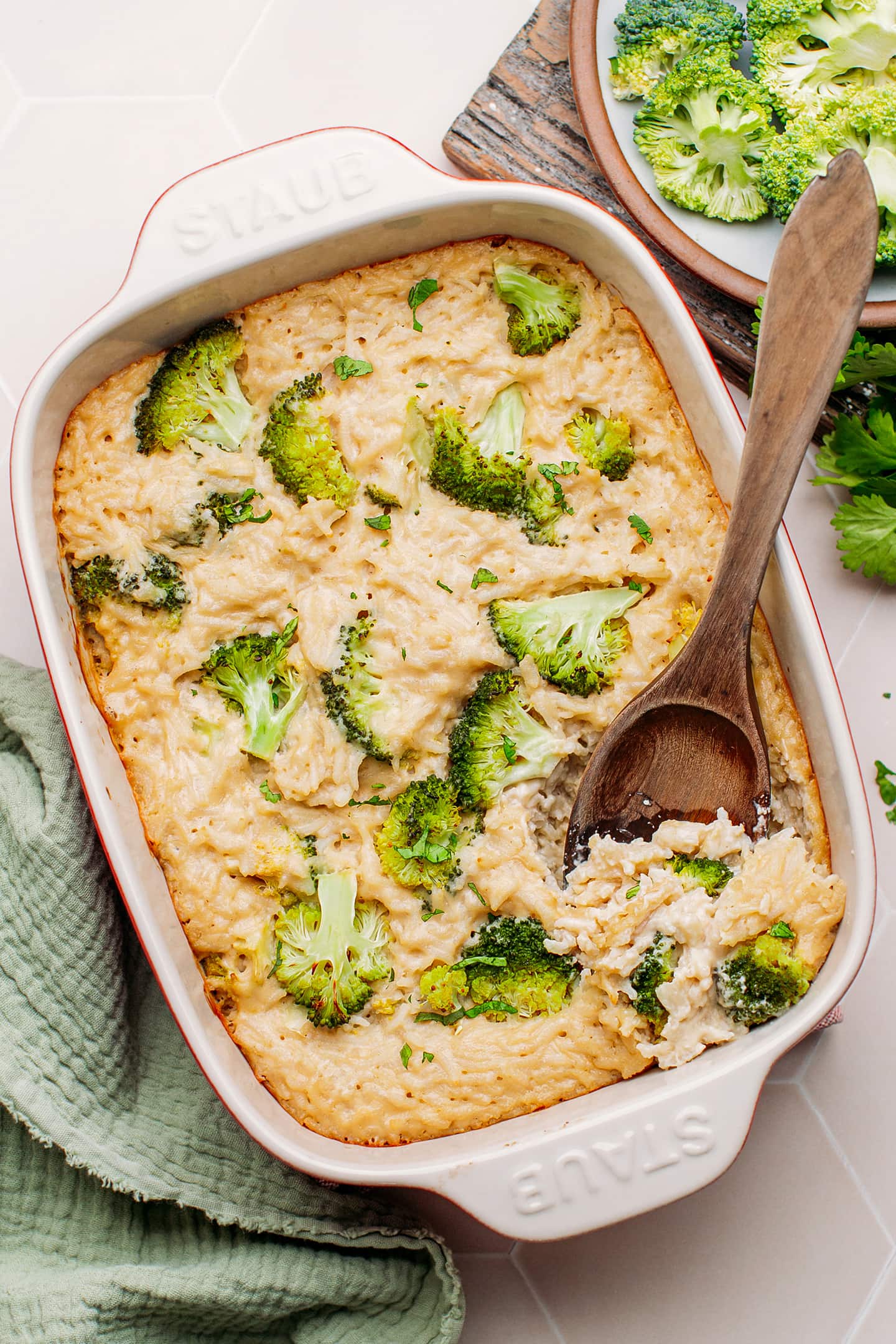 Broccoli rice casserole in a baking dish.