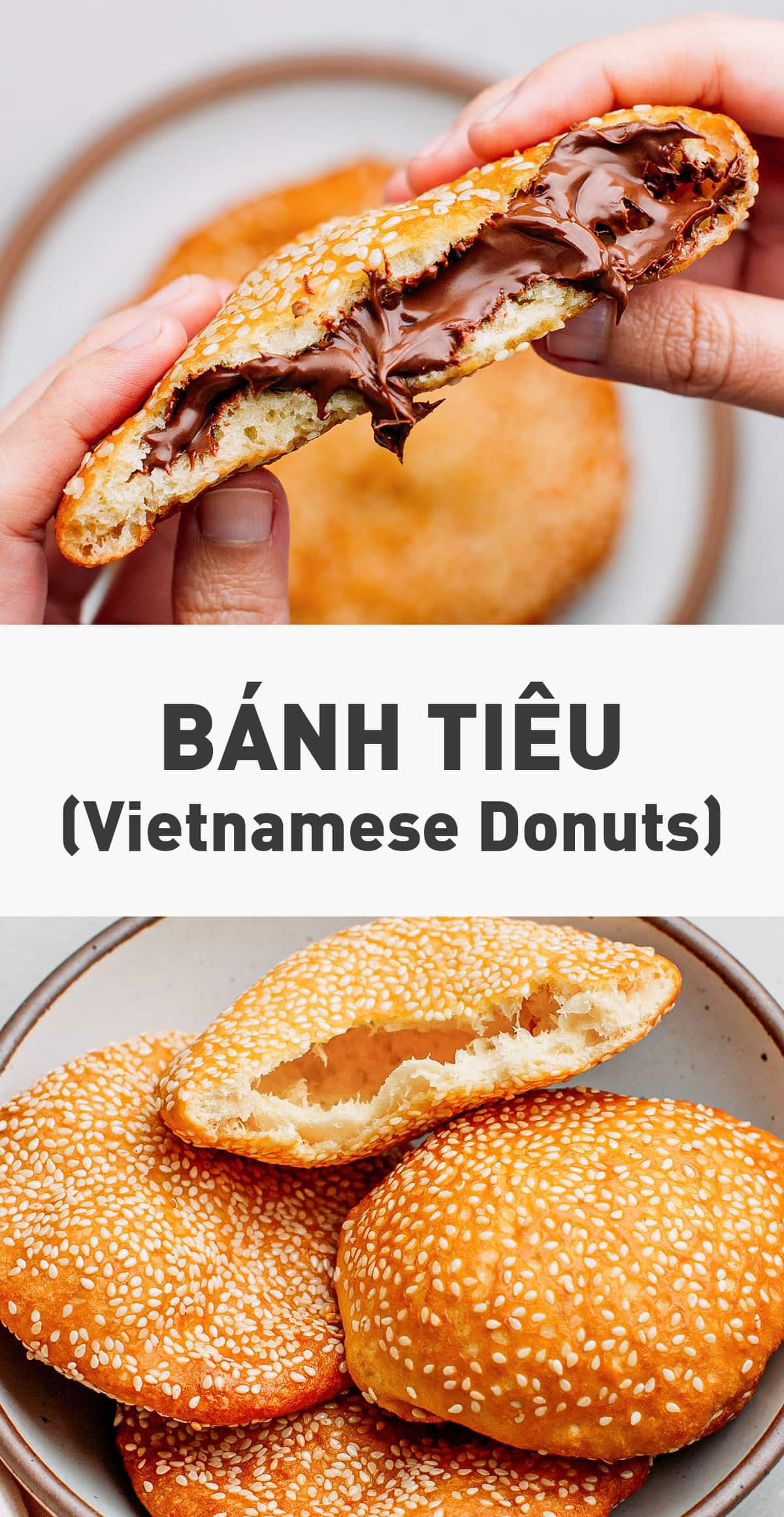 Soft and fluffy sesame brioches that are hollow inside, making it perfect to add your favorite filling! Chocolate spread, caramel, or even a savory filling! These fried brioches are also delicious on their own! #vegan #plantbased #donut