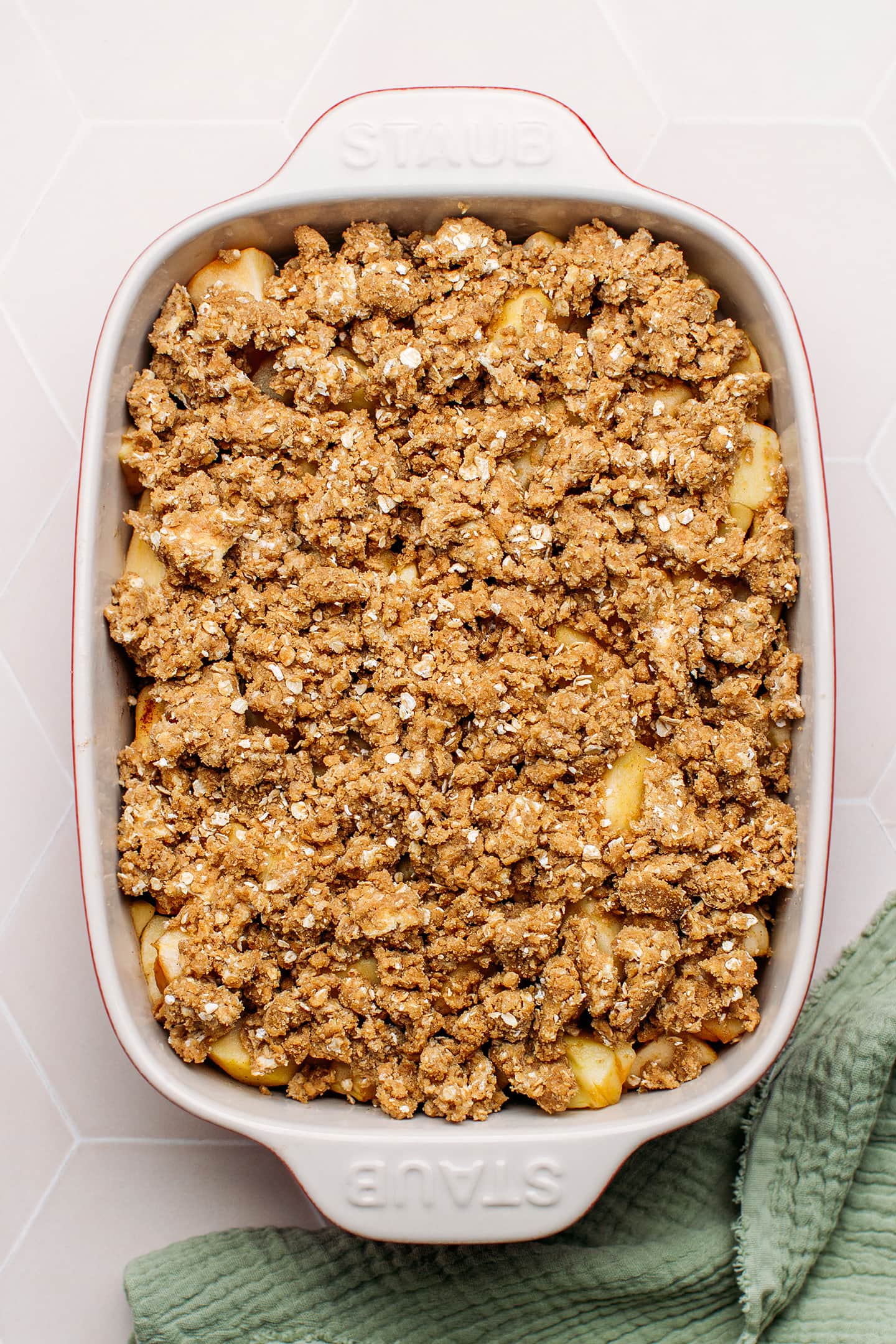 Diced apples topped with oat crumble.