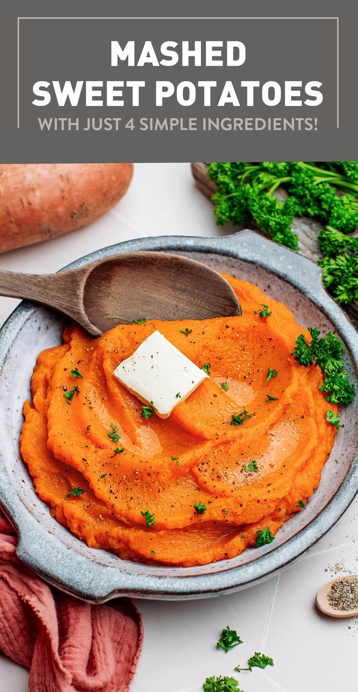 These creamy and fluffy roasted, mashed sweet potatoes are among the best side dishes to put on your holiday table! They are buttery and smooth and pack the perfect balance of sweet and salty. Best of all, they only require four simple ingredients to make! #mashedpotatoes #mashedsweetpotatoes #holidaycooking