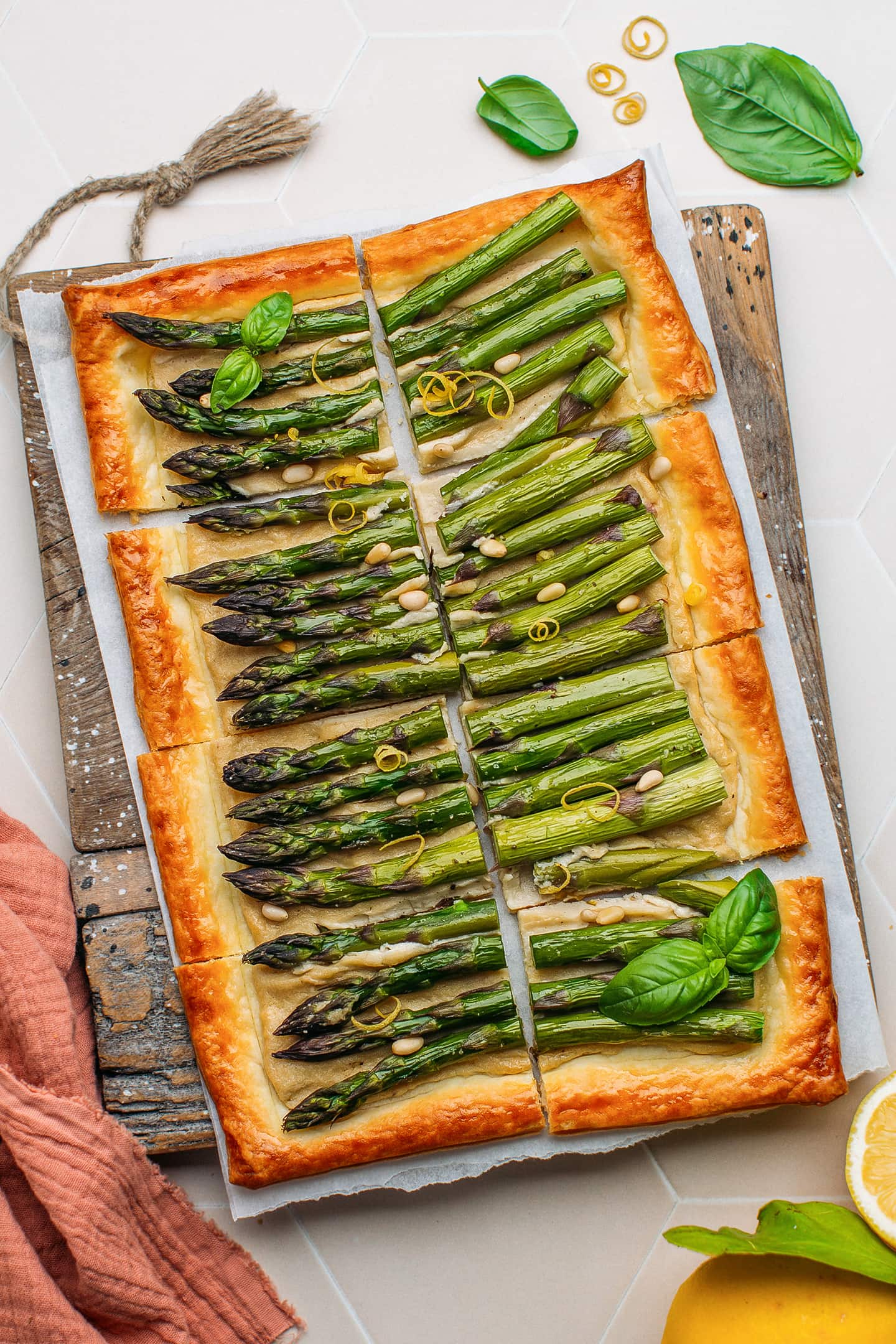 Asparagus tart with flaky puff pastry and cashew cream cheese.