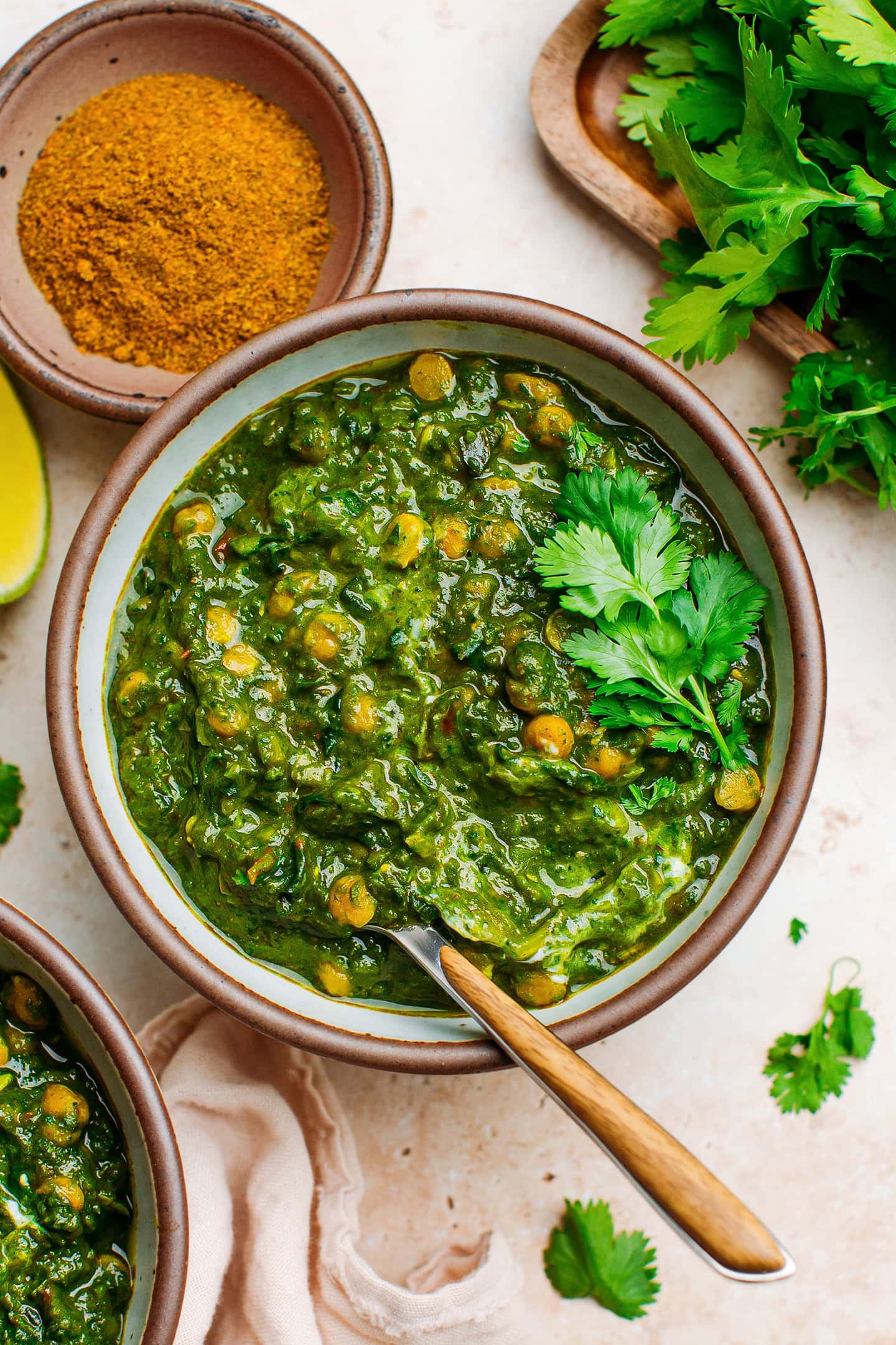 Dal palak topped with cilantro in a bowl.