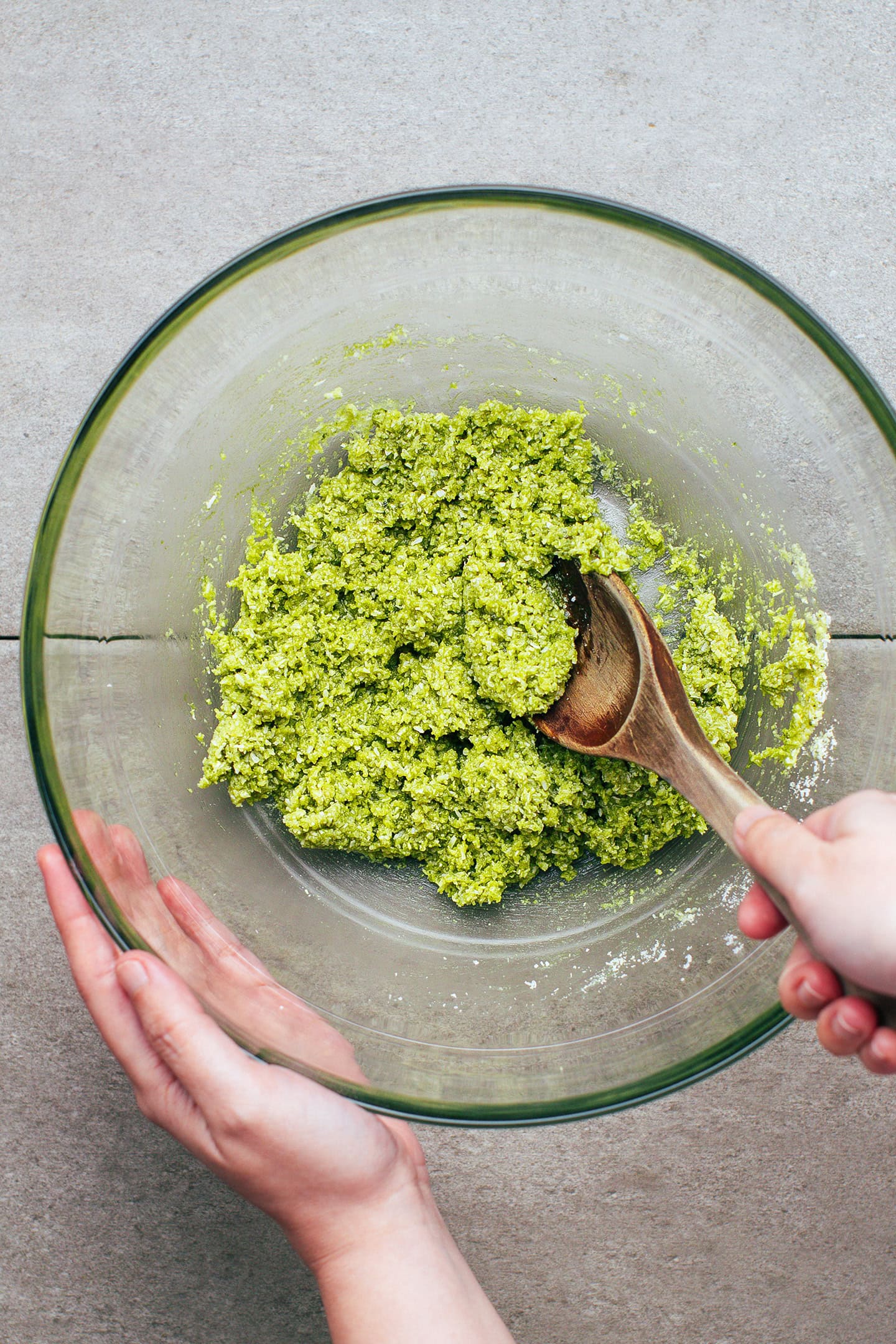 Stirring together a matcha cookie batter.