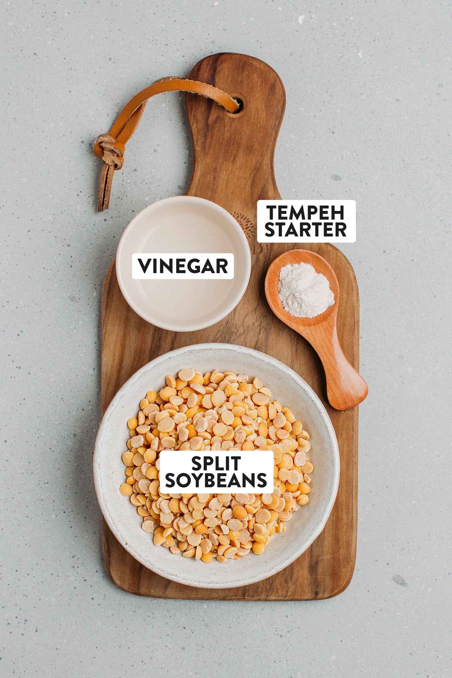 Ingredients like soybeans, vinegar, and tempeh starter.