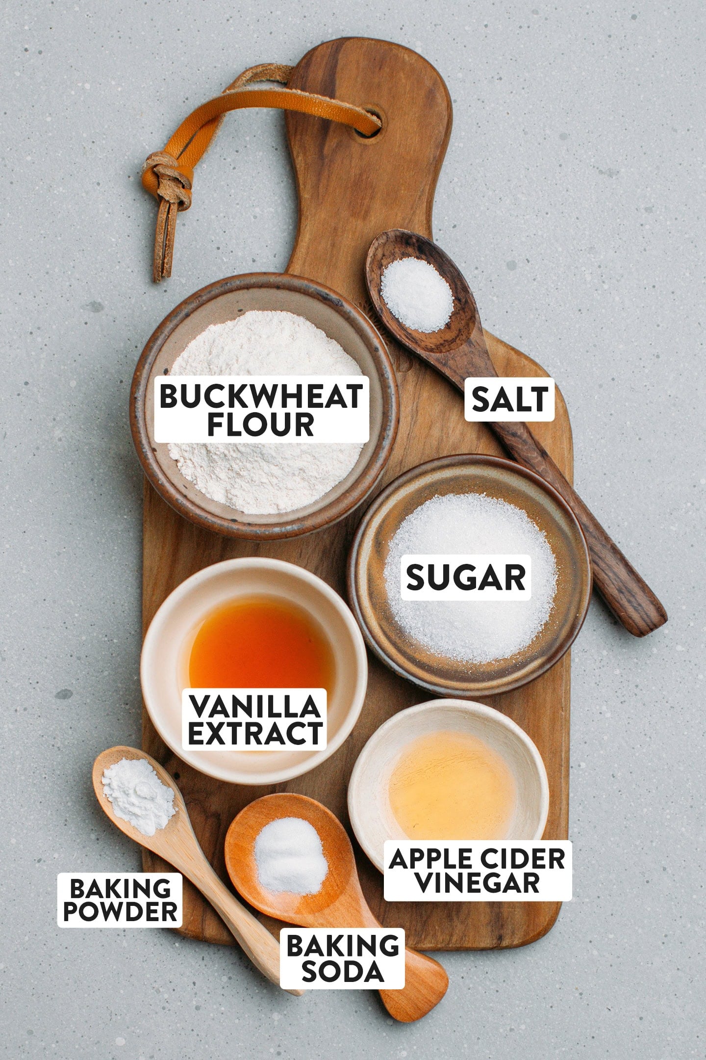 Ingredients like buckwheat flour, vanilla extract, sugar, and salt.