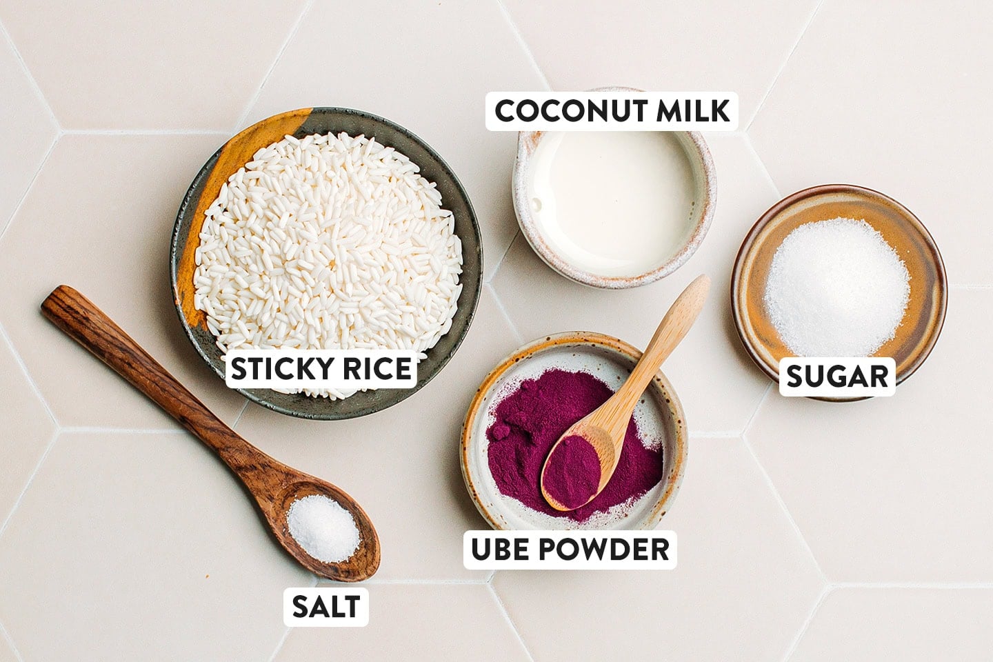 Ingredients like sticky rice, ube powder, and coconut milk.