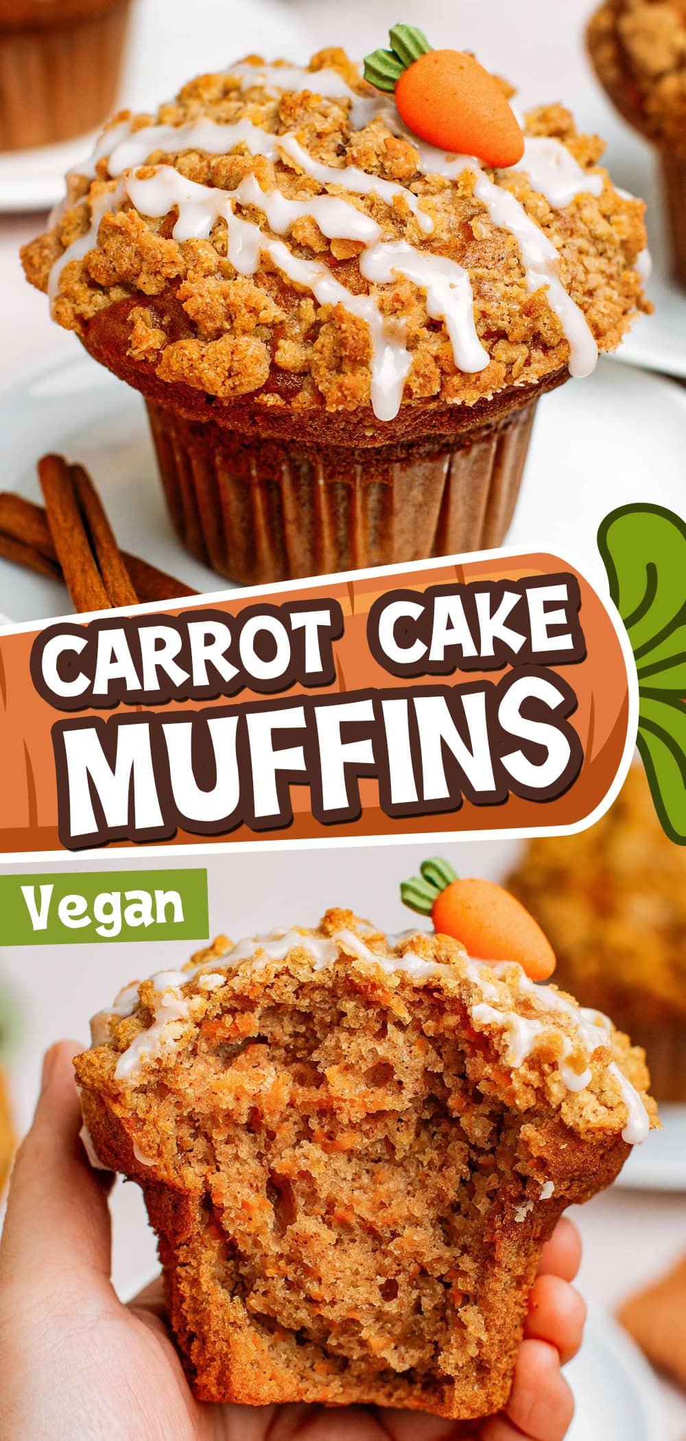 These jumbo bakery-style vegan carrot cake muffins are loaded with grated carrots, warming spices like cinnamon, ginger, and nutmeg, and vanilla. They are fluffy, extra tender, not overly sweet, and come with a crispy crumble topping!