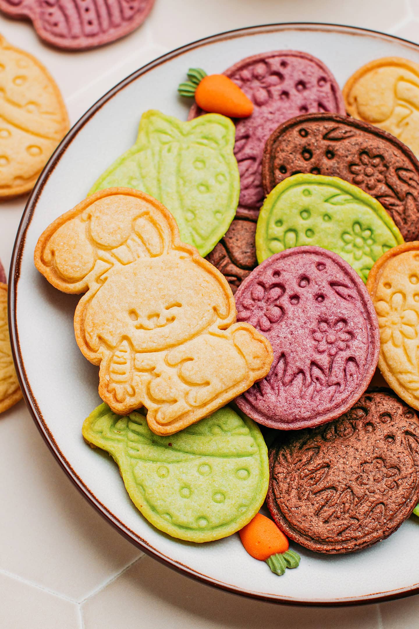 Close-up of a sugar cookie in the shape of a bunny.