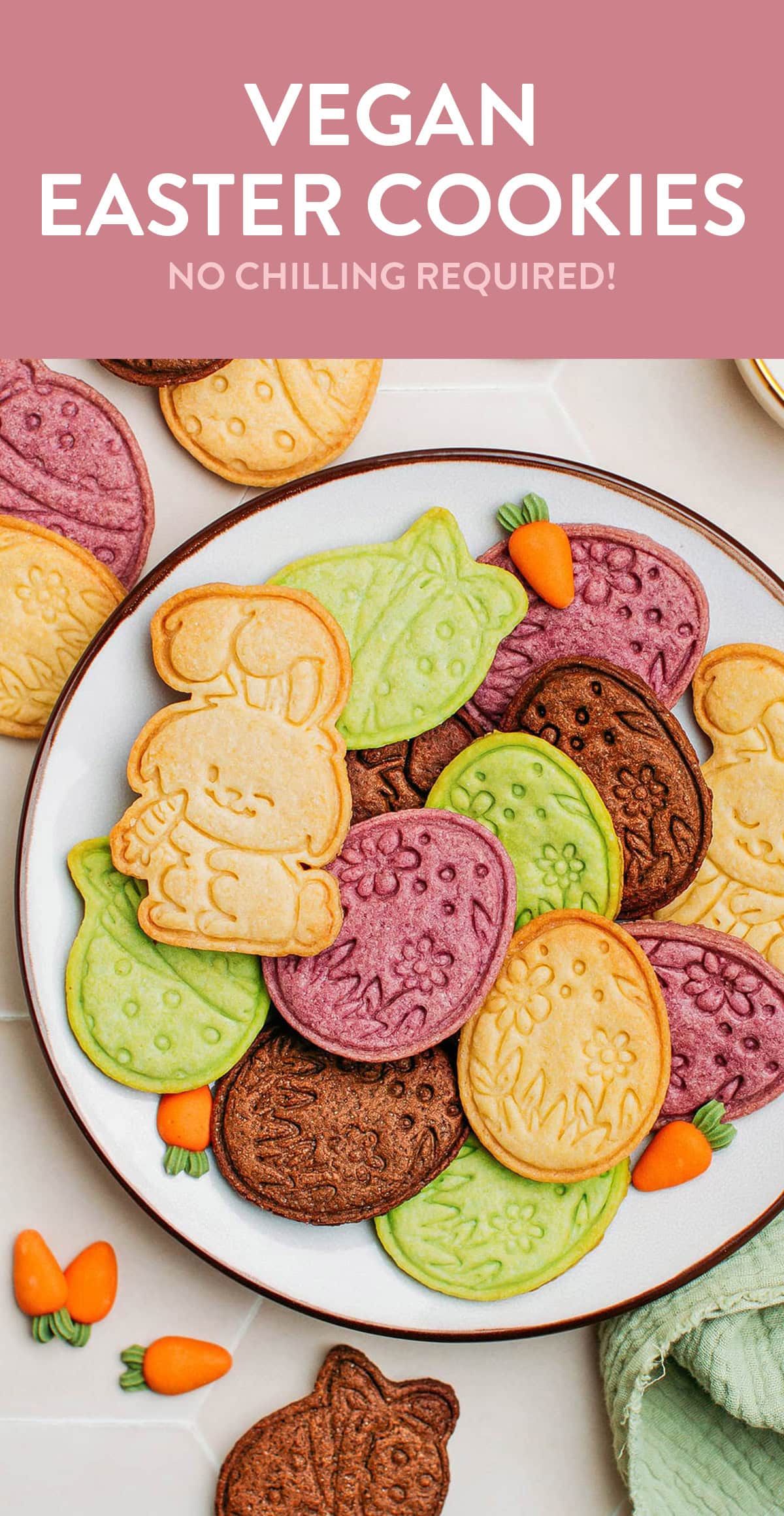 These vegan easter cookies are buttery, crispy, and infused with a fresh vanilla aroma! Just 7 pantry staples, no chilling, and ready in less than one hour. Plus, I share three ways to naturally color them, making them even more festive! These are perfect for baking with the kids during the Easter holidays! #easter #cookies