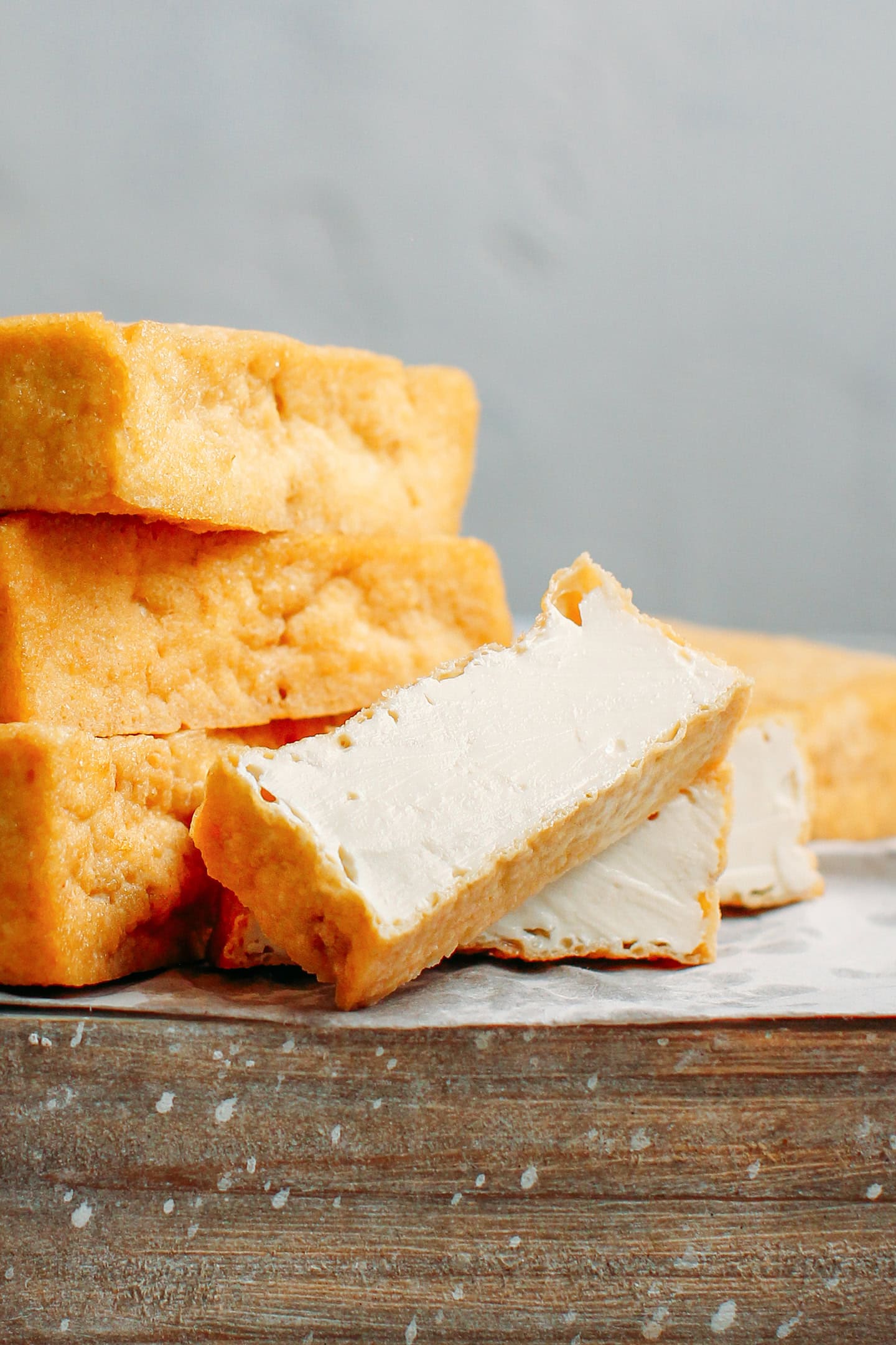 Close-up of deep-fried tofu.