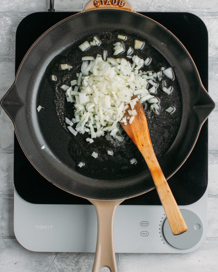 Chopped onion, oil, and melted butter in a skillet.